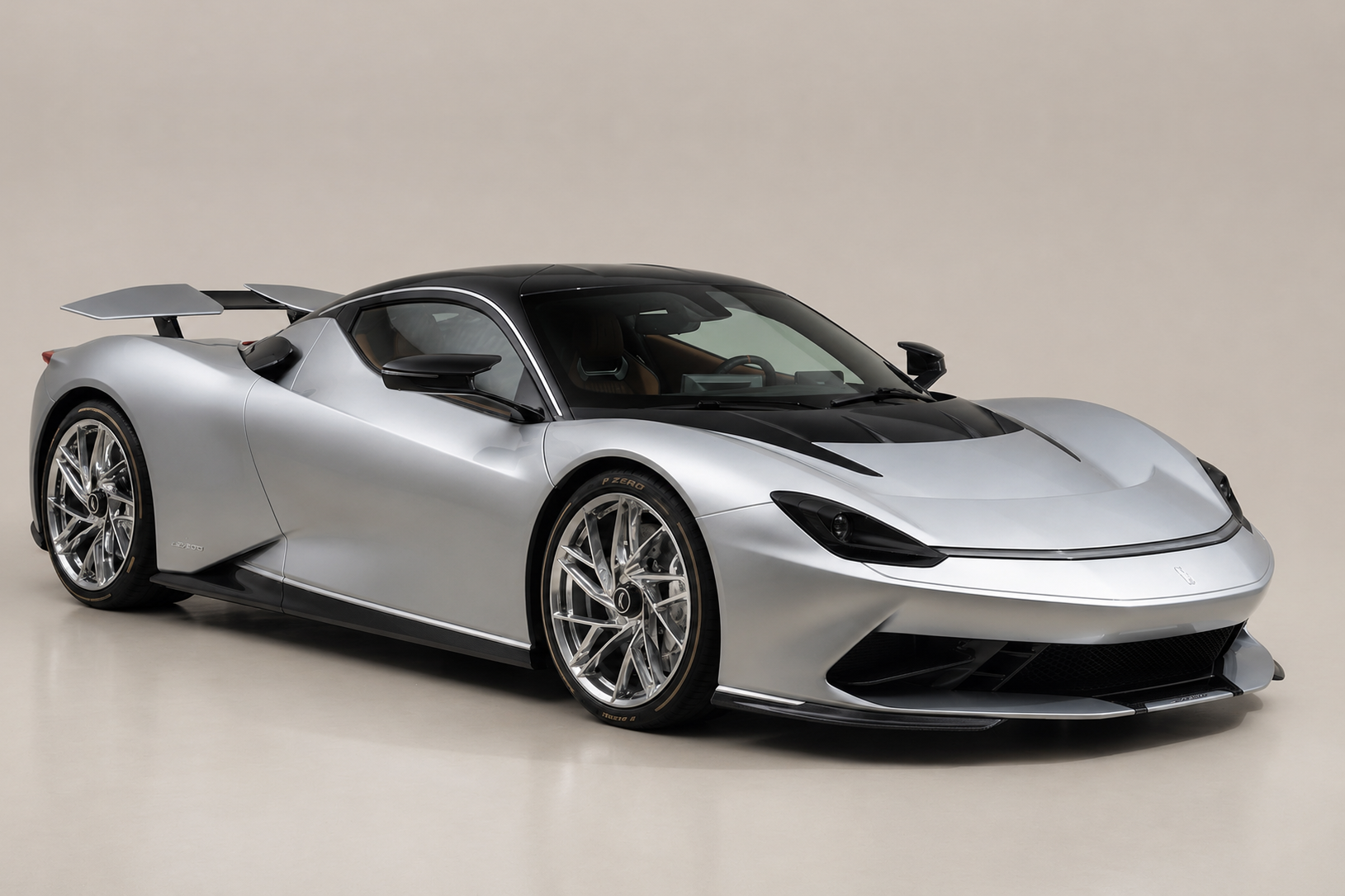 Silver Pininfarina Battista photographed in a studio, front three-quarter view showing the sculpted teardrop body, black roof, prominent rear wing, chrome-finish multi-spoke wheels with gold-detail Pirelli P Zero tyres and Pininfarina 'f' logo above the front air intake.