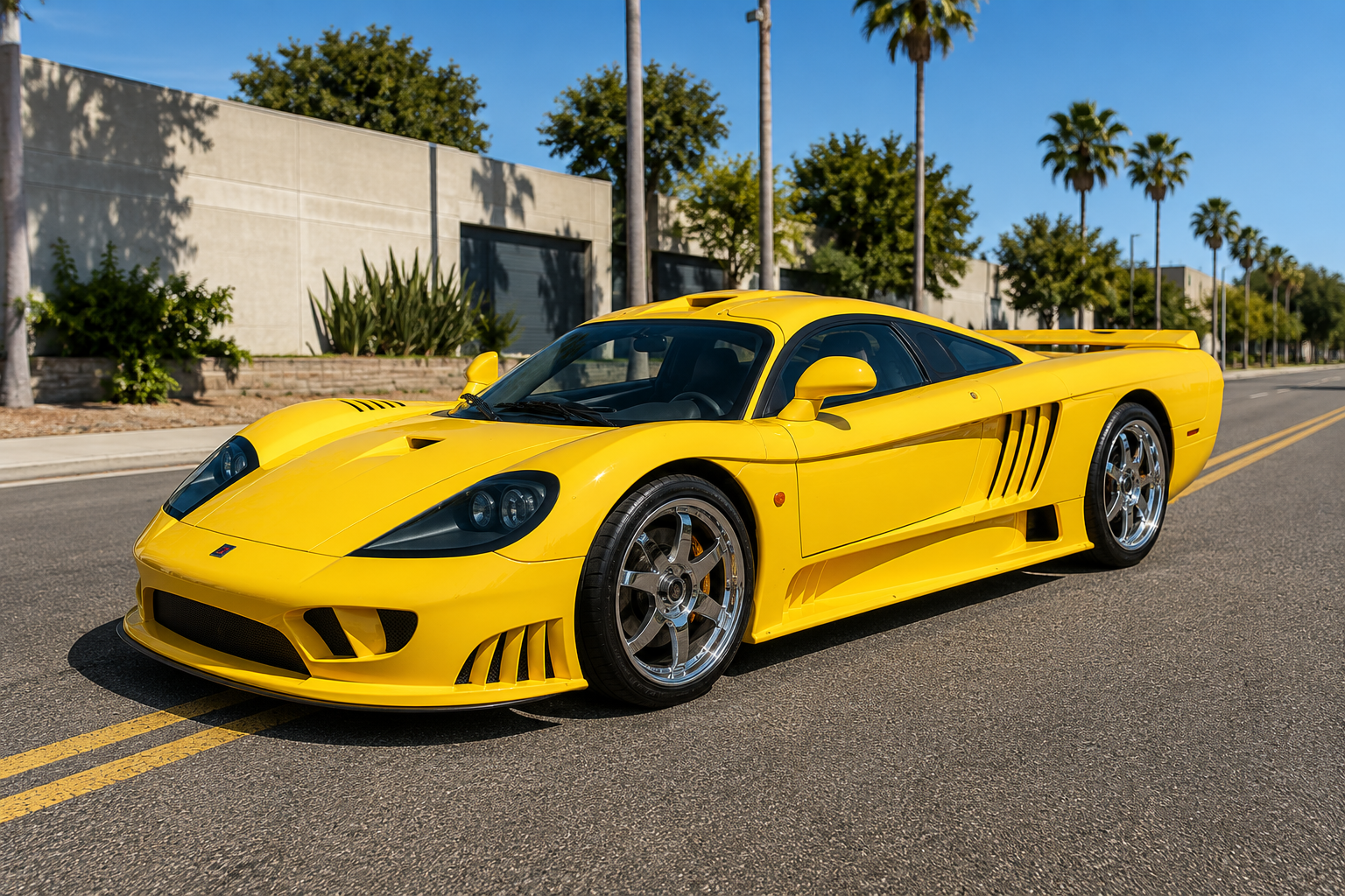 Yellow Saleen S7 parked on a palm-lined street, front three-quarter view showing the long low nose, triple stacked side intakes, chrome multi-spoke wheels and the full-width rear wing.