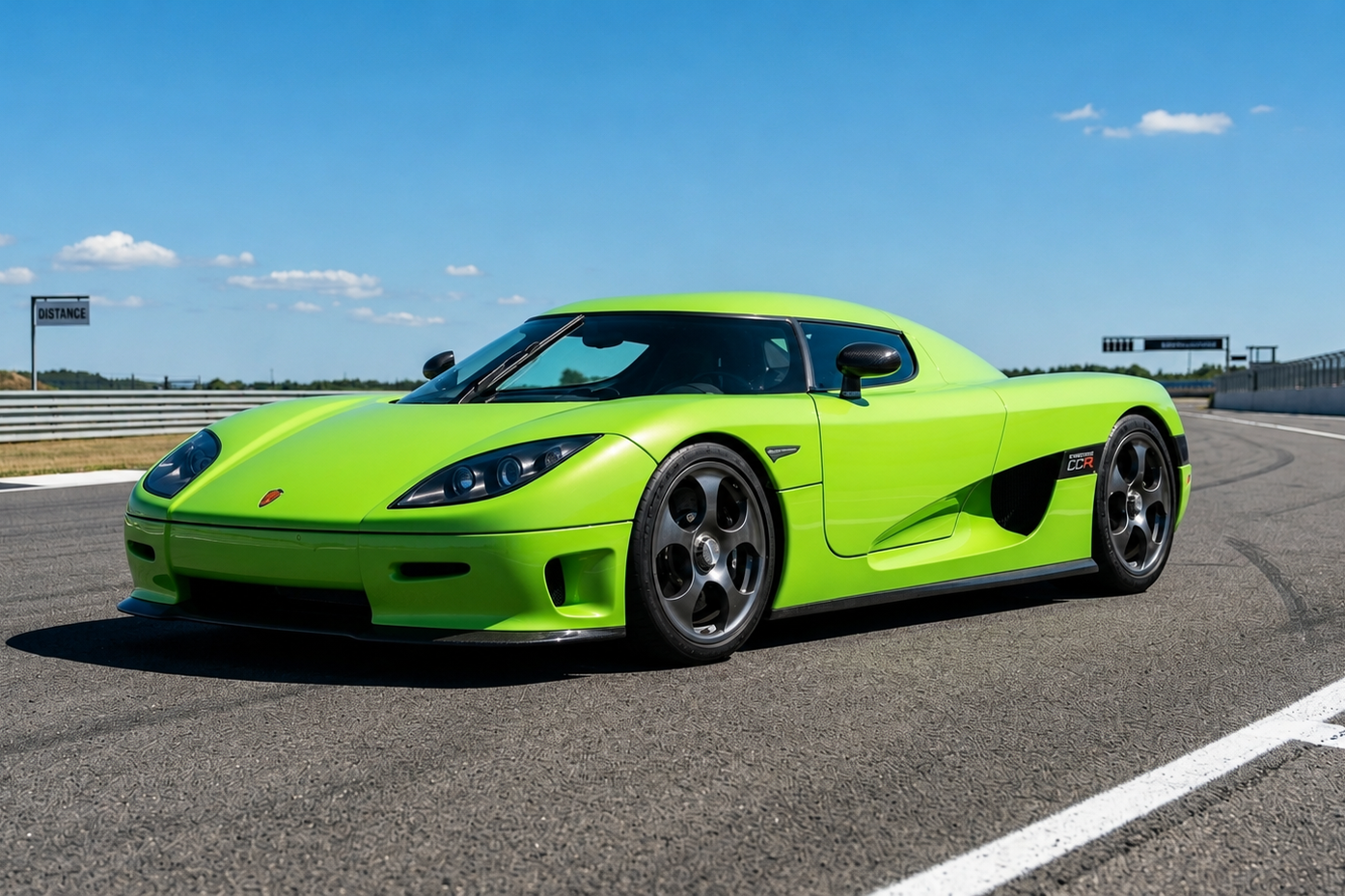 Koenigsegg CCR in lime green, front three-quarter view on a sunlit circuit, showing the low targa-roof mid-engined silhouette, dihedral synchro-helix door, side intake feeding the twin-supercharged V8, five-spoke turbine-style wheels and the CCR badge behind the front wheel arch — the CC-generation Koenigsegg that took the production top-speed world record at Nardò in February 2005.