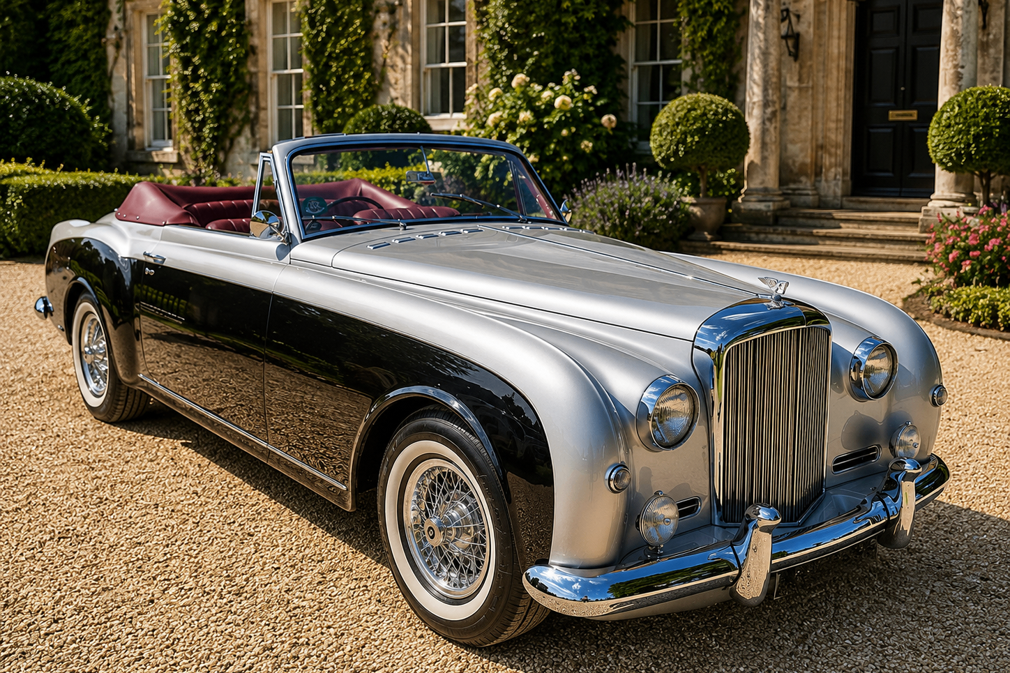 Silver-over-black Bentley S1 Continental Drophead Coupé by Park Ward with red leather interior, photographed front three-quarter on the gravel sweep of a Cotswold country house