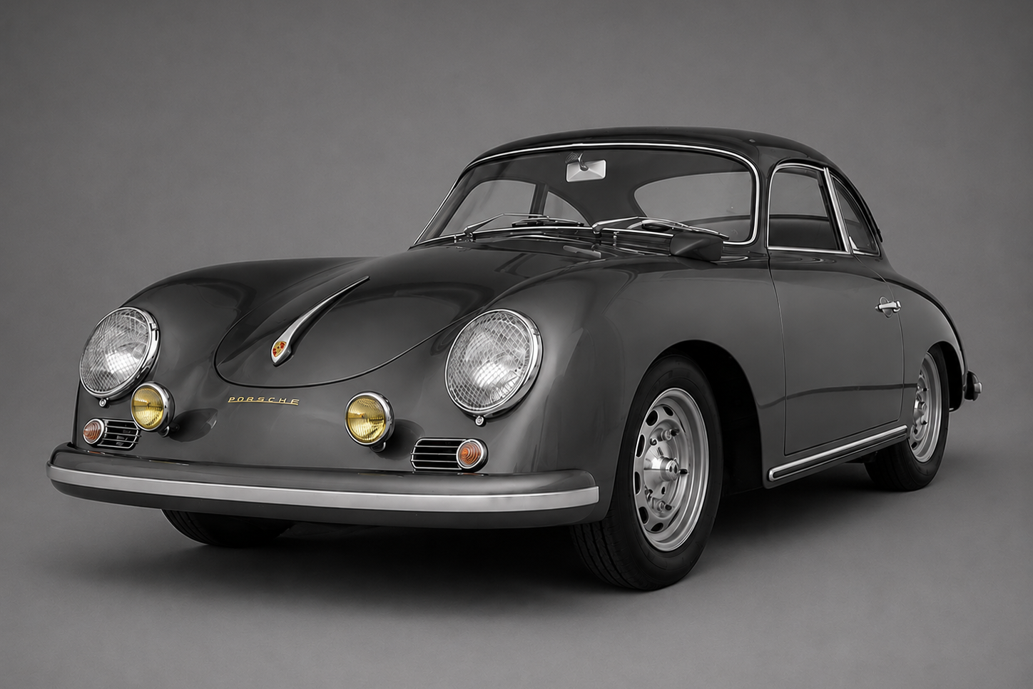 Studio three-quarter front view of a dark grey Porsche 356 coupe with twin round headlights, chrome bumper and gold Porsche script on the nose, on a plain grey backdrop.