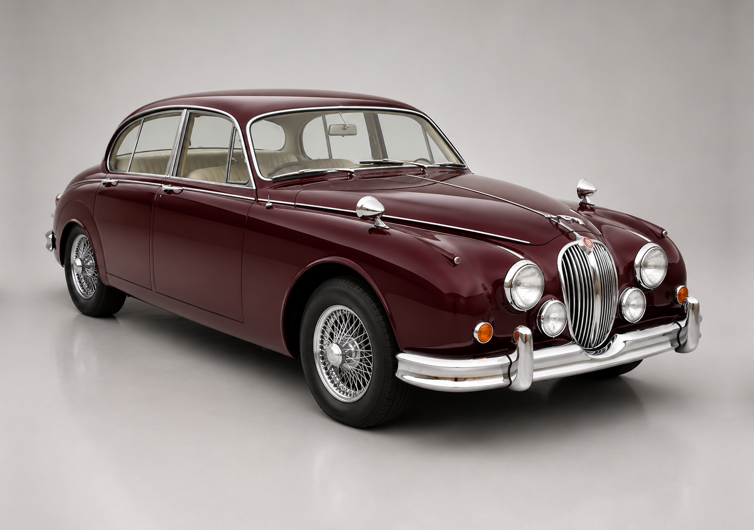 Maroon Jaguar Mk2 saloon photographed in a studio, front three-quarter view showing the chrome vertical-bar grille, twin round headlamps with driving lamps, curved bonnet, wire wheels, chrome bumpers and Lyons-era sports-saloon proportions.