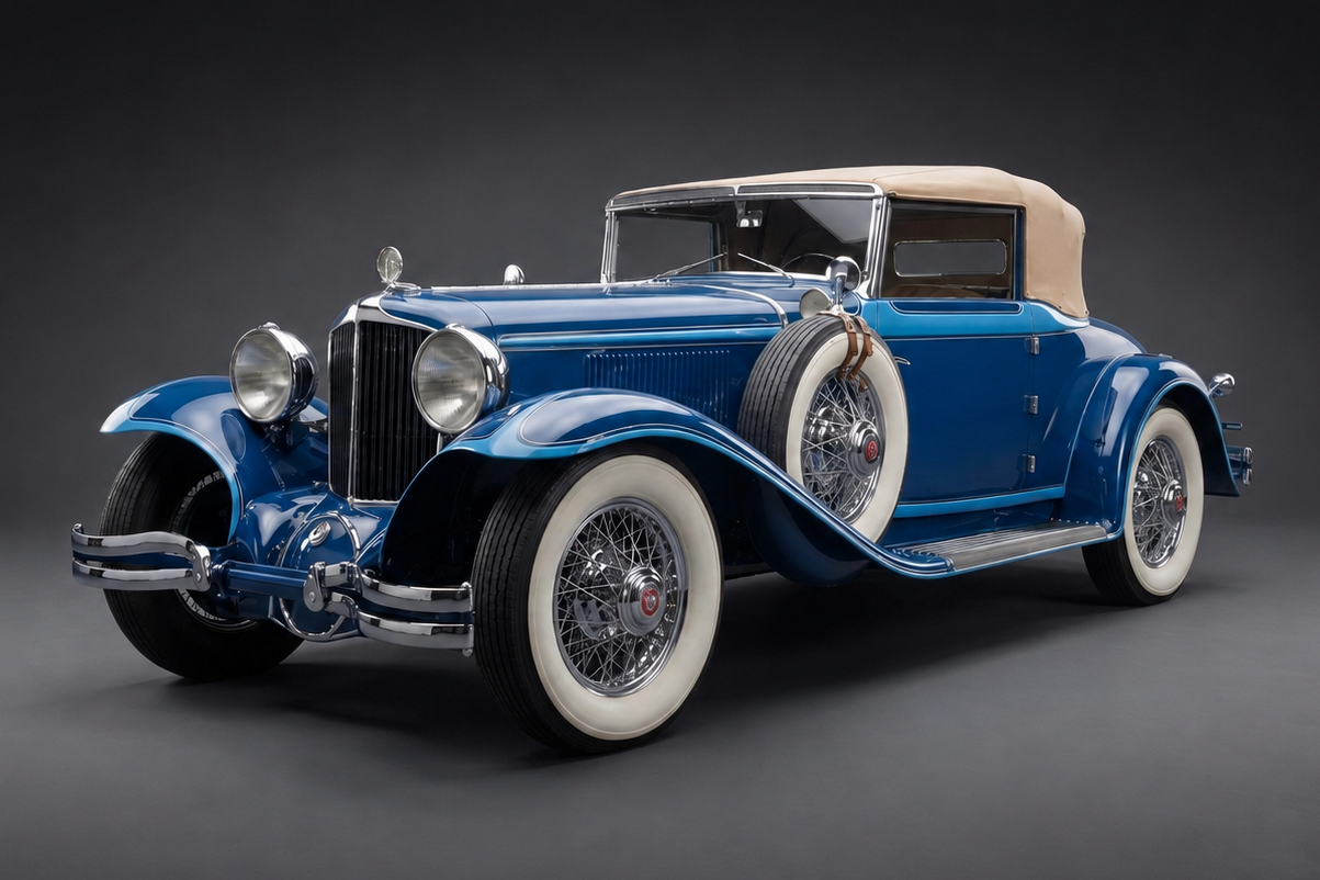 Cord L-29 Cabriolet, front three-quarter view — a 1930-era American front-wheel-drive open two-door in two-tone blue, with tan folding fabric roof, side-mount spare wheel, white-wall tyres, chromed radiator grille and twin cowl-mounted headlamps, photographed against a dark studio backdrop.