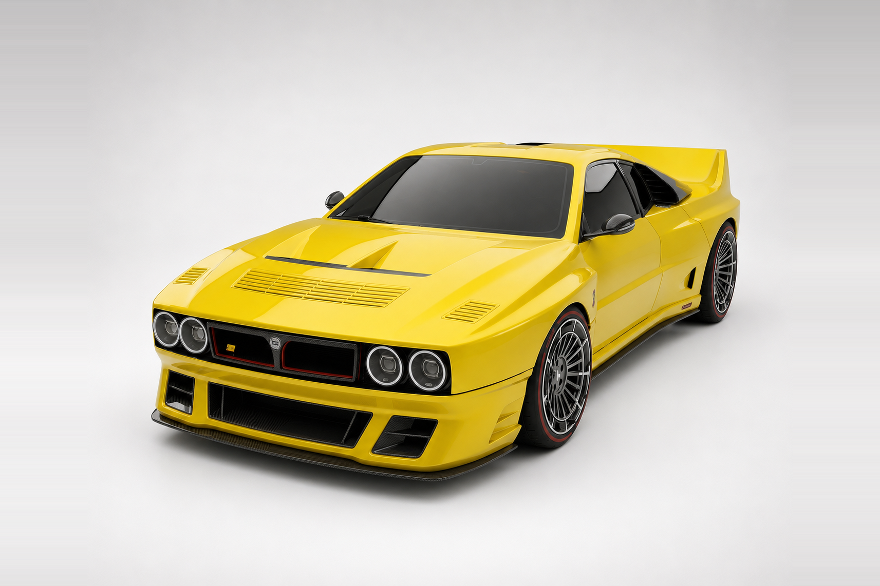 Yellow Kimera Evo38 in a bright studio, front three-quarter view showing the twin round headlamps behind clear covers, louvred bonnet with twin scoops, black grille and red 'Lancia' plaque, integrated front splitter, wide flared arches, side vents and multi-spoke black wheels with red-lipped rims.