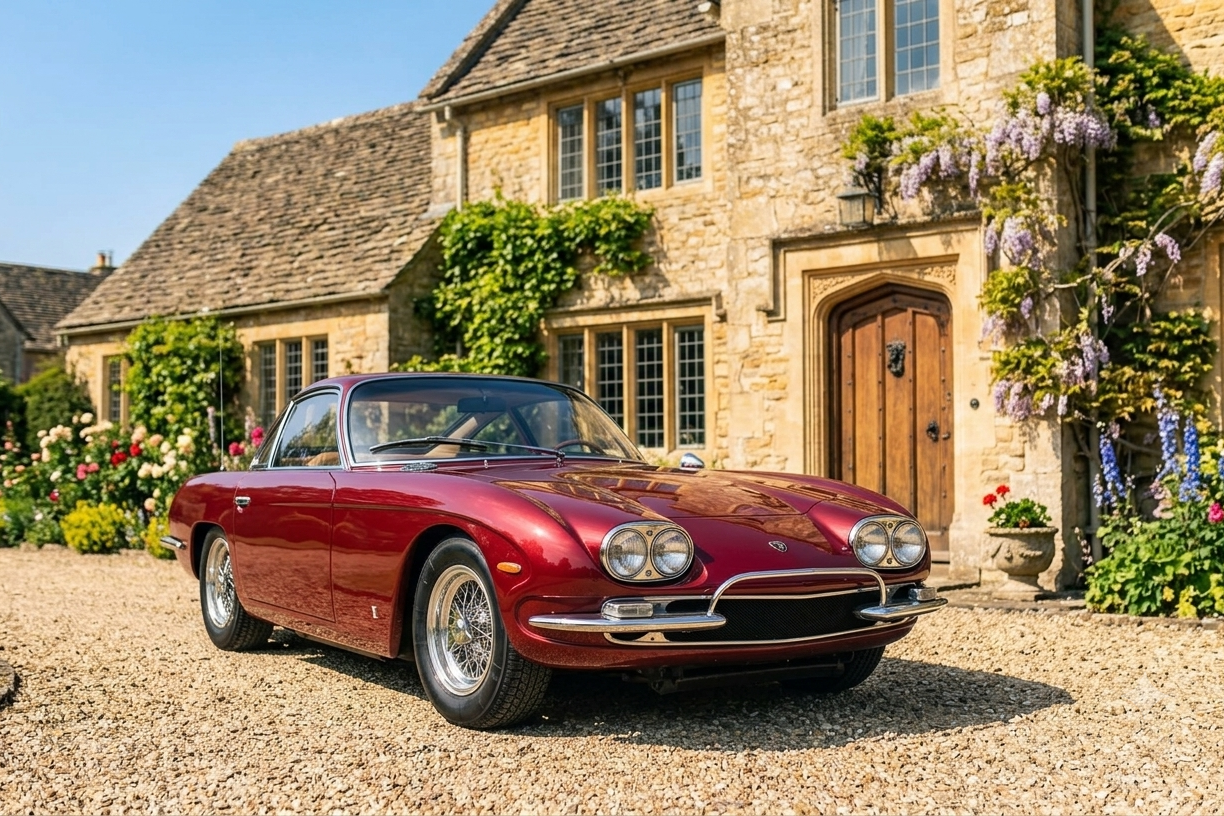 Lamborghini 400 GT, front three-quarter view — Touring-designed 1966–1968 front-engined V12 Sant'Agata grand tourer in dark burgundy, wire wheels and quad-headlamp nose set against a stone Cotswold country house.