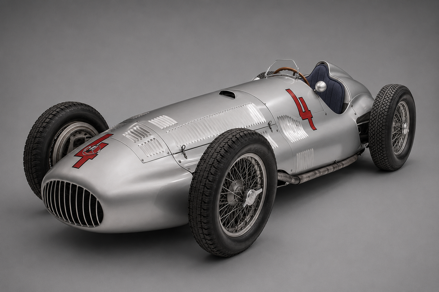 Studio three-quarter front view of a bare-aluminium pre-war Mercedes-Benz Silver Arrow Grand Prix single-seater with cowled radiator grille, exposed wire wheels and red race number 4 on the flanks, on a plain grey backdrop.