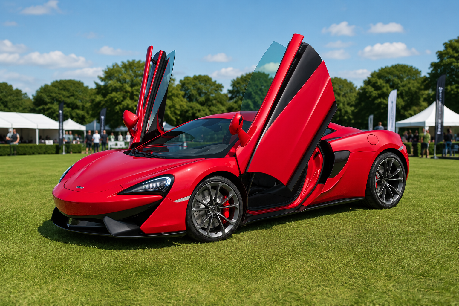 McLaren Sports Series coupé of the 540C / 570S family in vermillion red with dihedral doors raised, front three-quarter view on a concours lawn with white event marquees and spectators in the background — the entry-level Sports Series McLaren rated 533 hp / 540 PS from the M838T E 3.8L twin-turbo V8 (per Wikipedia 'McLaren 570S' §540C, fetched 6 July 2026).