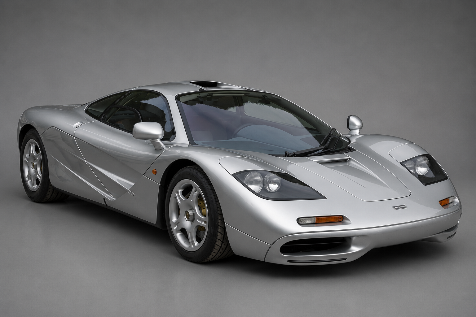 Silver McLaren F1 hypercar in a grey studio, front three-quarter view