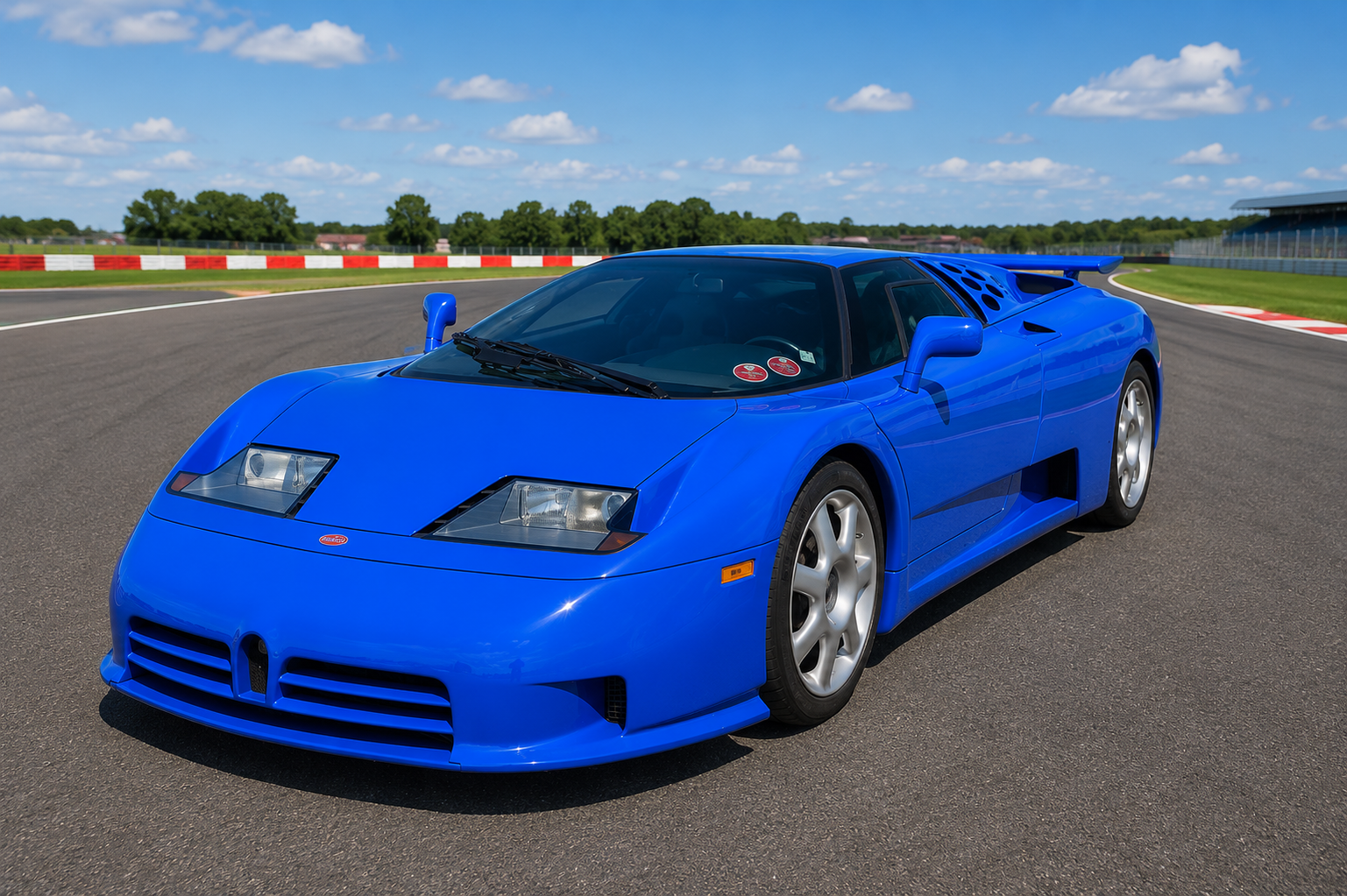 Blue Bugatti EB110 on a racetrack, front three-quarter view showing the wedge-shaped 1990s bodywork, stacked quad headlights, distinctive side intakes, rear wing and the Campogalliano-era Bugatti proportions under a bright sky.