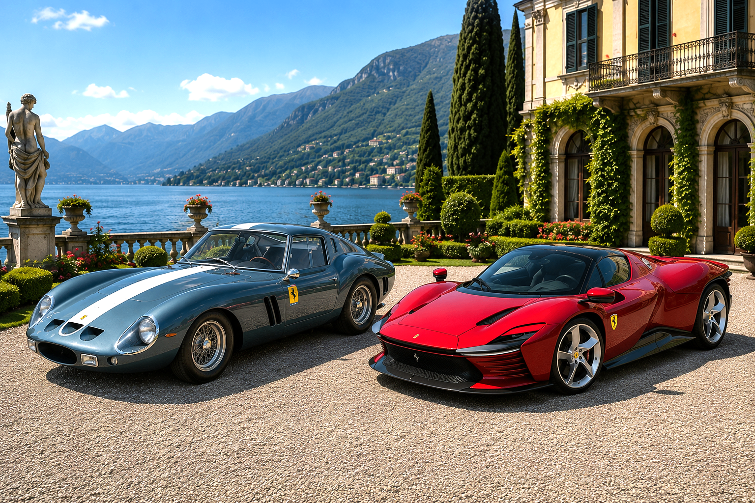 A classic Ferrari 250 GTO and a modern red Ferrari Daytona SP3 on a Villa Balbiano terrace above Lake Como, with cypress trees and mountains beyond.