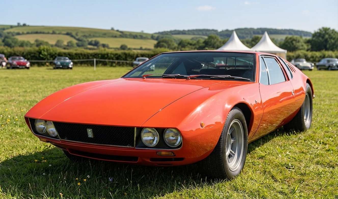 De Tomaso Mangusta, front three-quarter view — a low-slung 1960s Italian mid-engined coupé in bright red with pop-up headlamps recessed under the nose, exposed twin round headlamps, blacked-out grille, chrome window surrounds and finned five-spoke alloy wheels, photographed on grass at an outdoor concours.