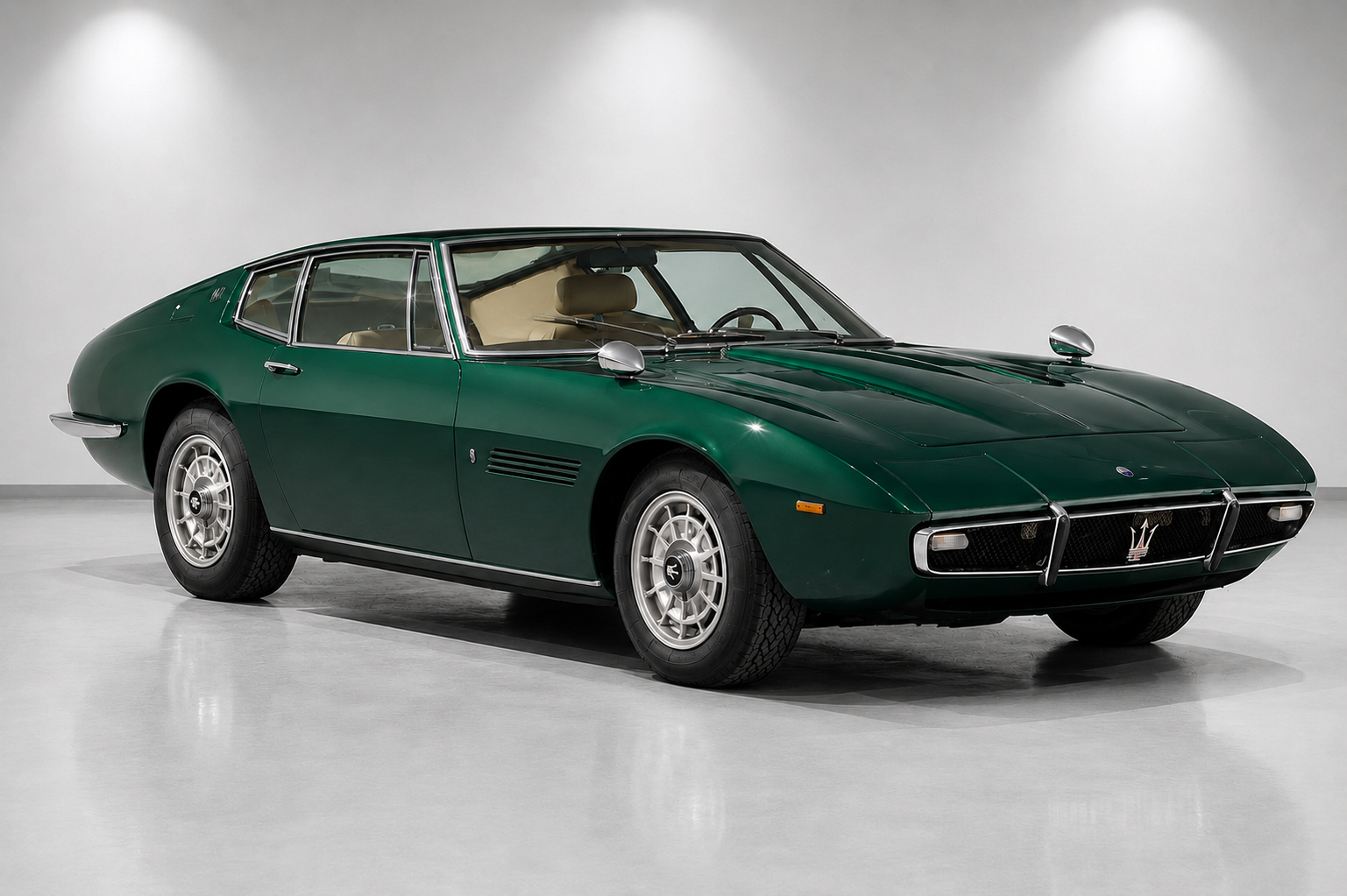 Green Maserati Ghibli (Tipo 115) coupe in a white studio, three-quarter front view
