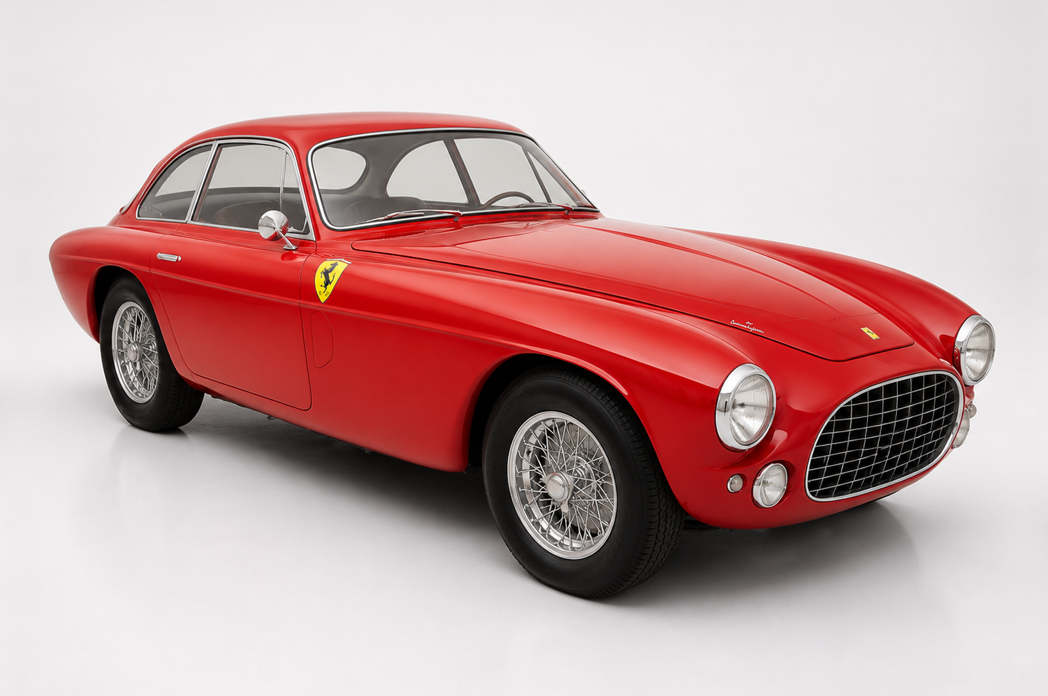 Red Ferrari 340 America berlinetta photographed in a studio, front three-quarter view showing the wide mesh grille, faired-in headlamps, yellow Cavallino Rampante shield on the front wing, chrome bumperettes and centre-lock wire wheels.