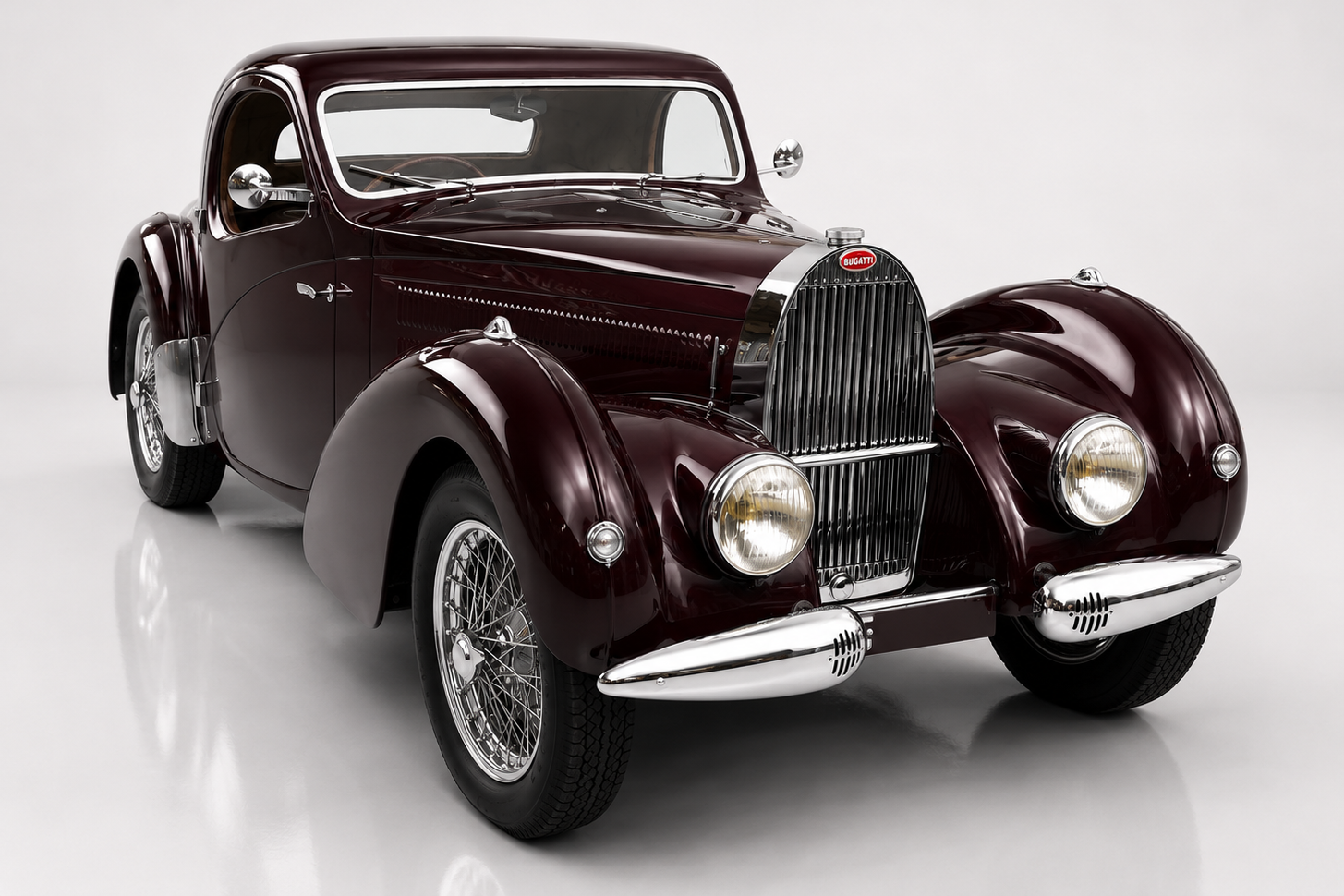 Dark maroon Bugatti Type 57 coupe in a grey studio setting, front three-quarter view showing the horseshoe grille, freestanding round headlamps, sweeping cycle-style front wings, chrome bumper blades and wire-spoke wheels.