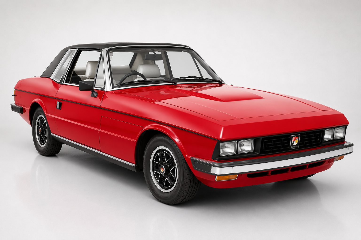 Red Bristol Beaufighter targa coupé, front three-quarter studio view, showing the squared Zagato-styled body, quad headlamps, a black removable targa roof and alloy wheels.