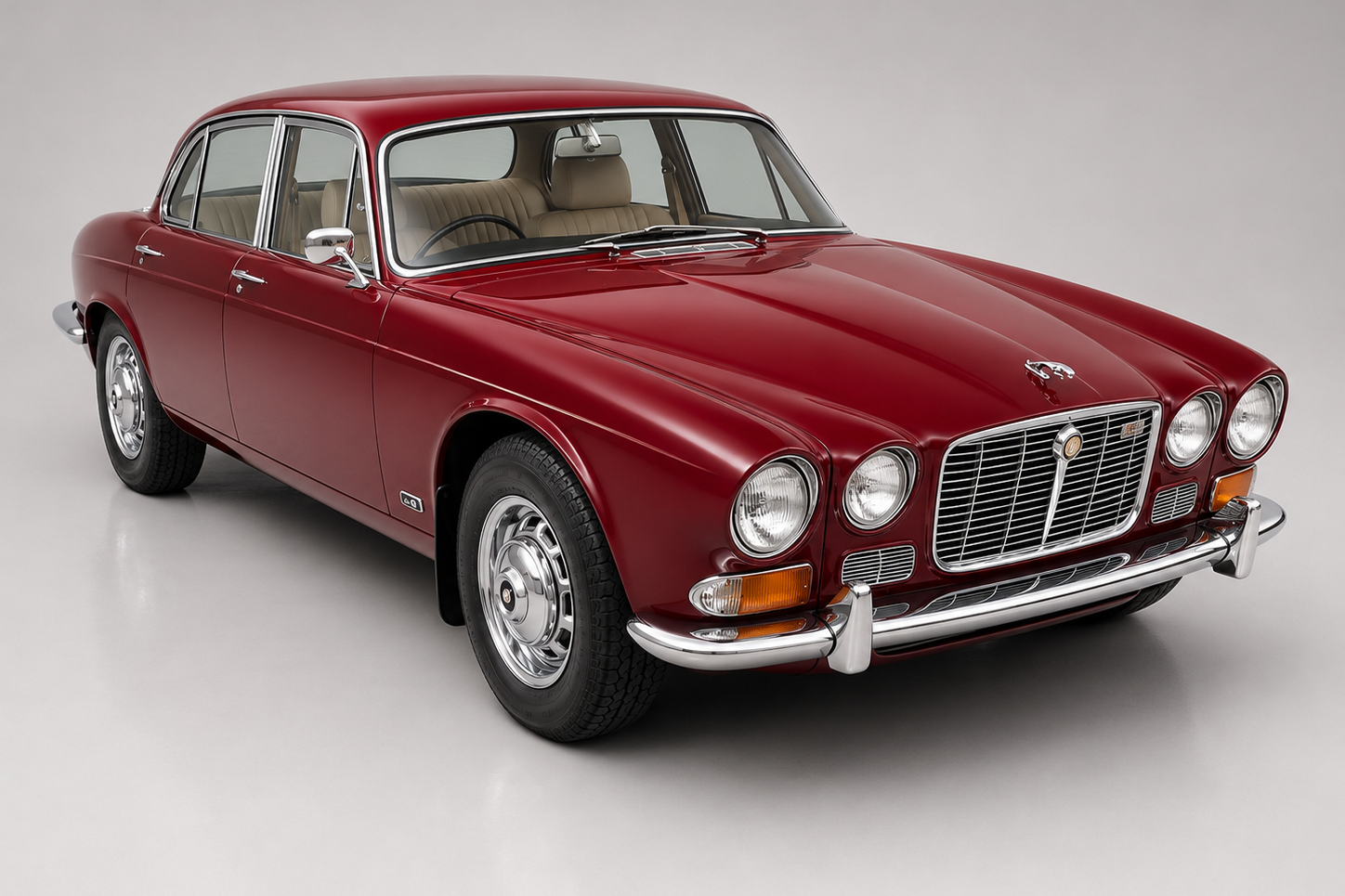 Deep red Jaguar XJ6 Series 1 saloon photographed in a studio, front three-quarter view showing the four round headlamps, slim chrome grille with leaping-cat badge, chrome bumper with over-riders, subtle side crease and elegant Lyons-era saloon proportions.