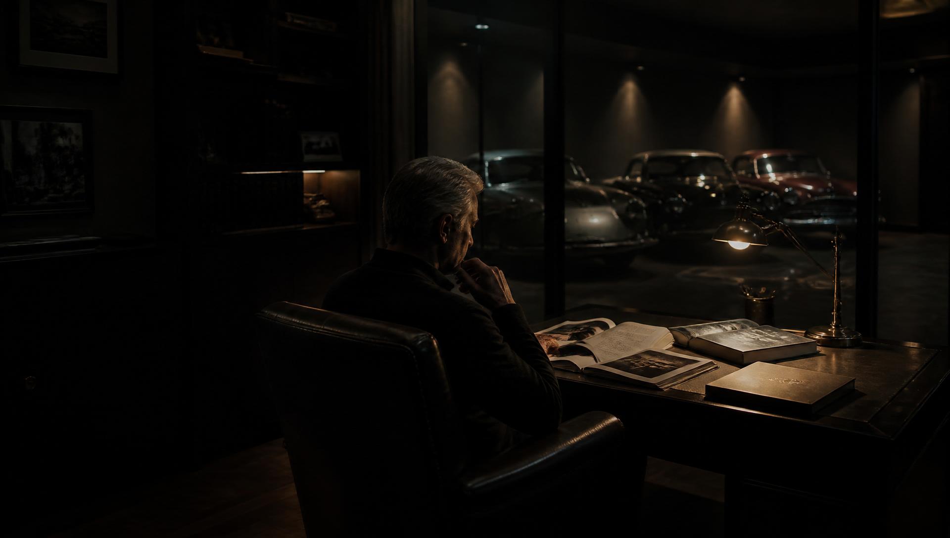 A collector's private study at night: a leather chair beside a desk lit by a single lamp, open reference books and a marque history to hand, and beyond an internal glass wall the dim suggestion of two or three classic cars under low accent lighting.