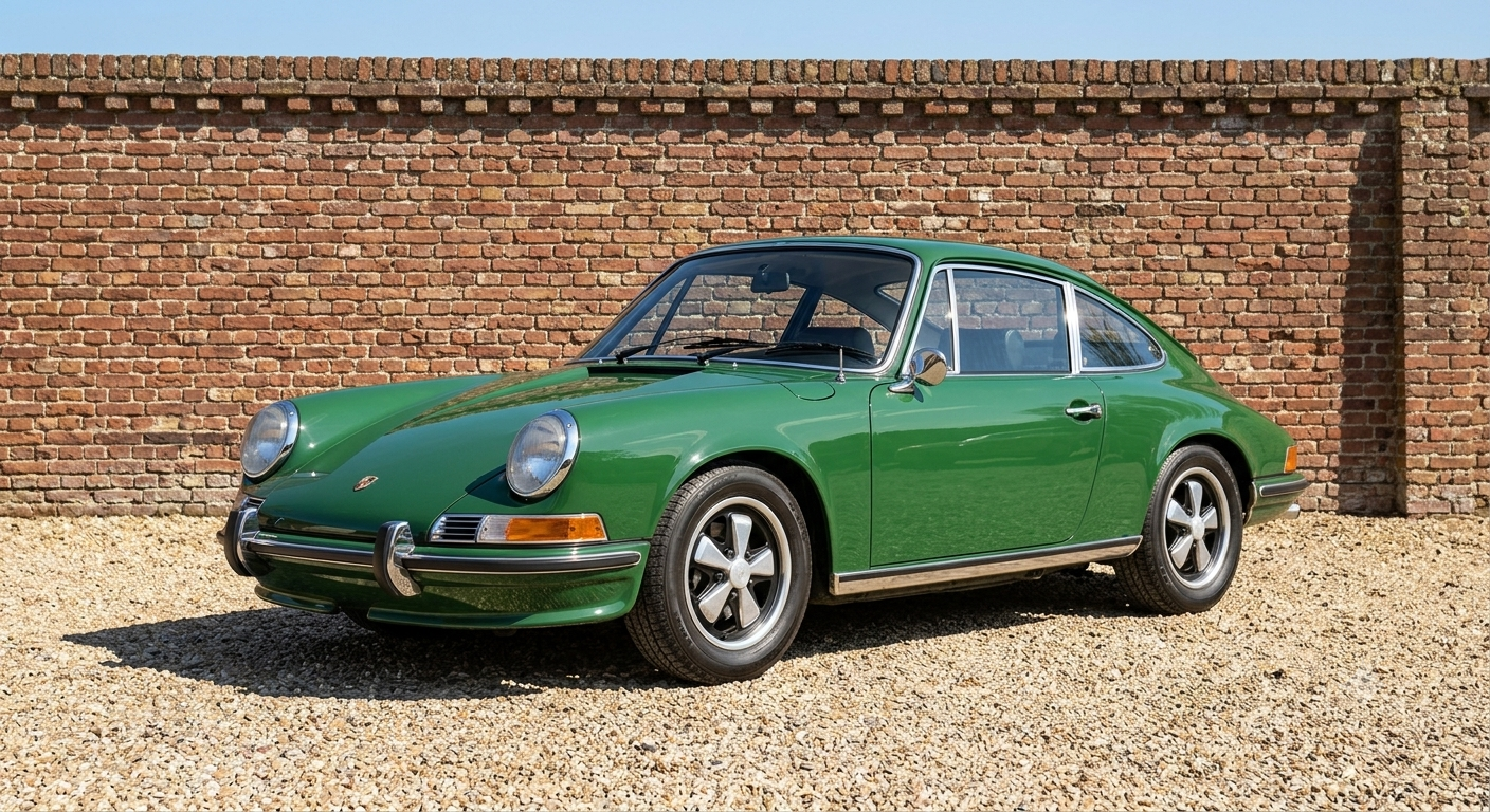 Porsche 912 coupé, front three-quarter view — original 1965–1969 four-cylinder 911-bodied Porsche, dark green over black interior, on the classic early-911 body with fluted-centre alloy wheels.