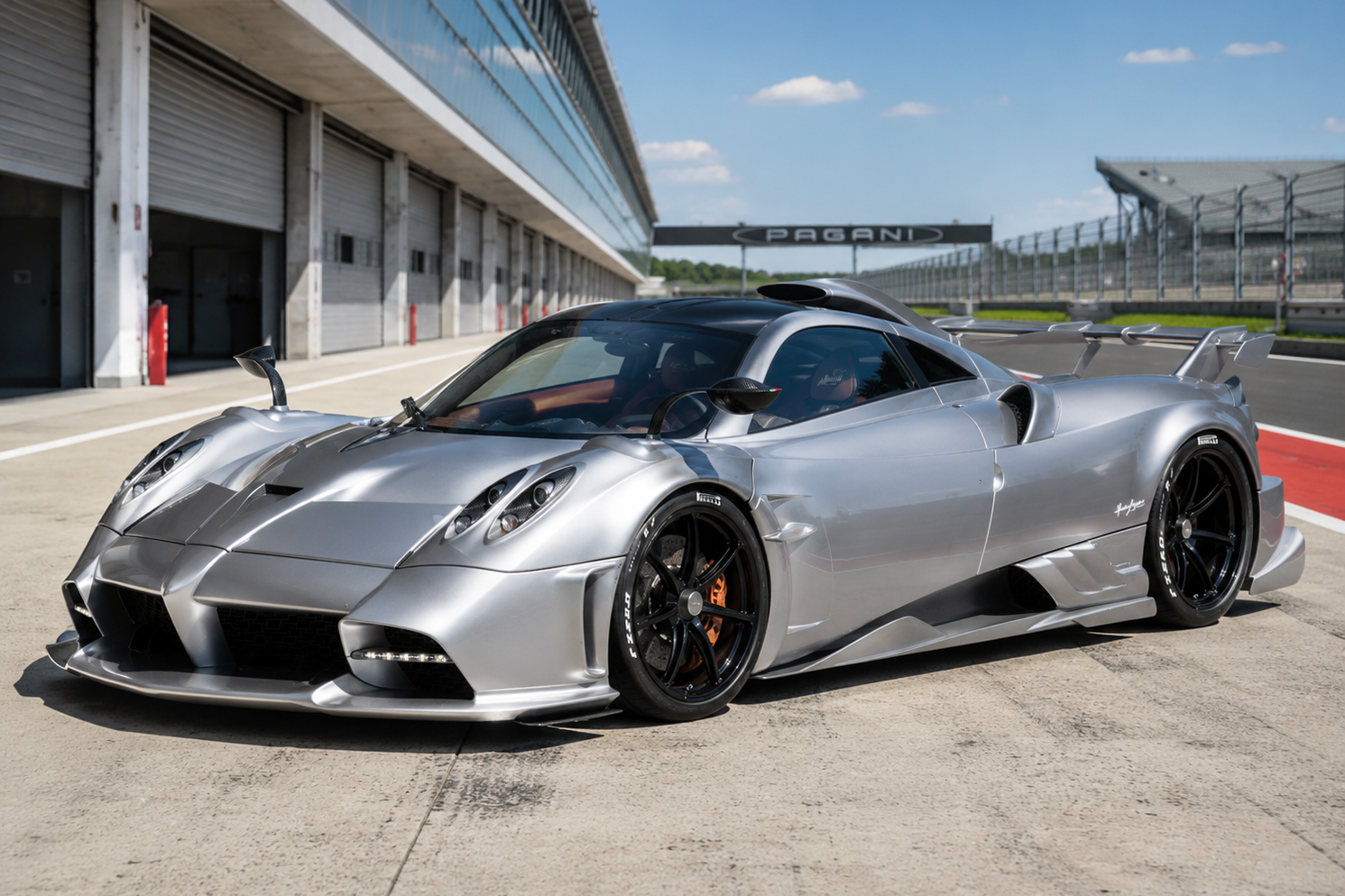 Silver Pagani Huayra Imola in a pit lane, front three-quarter view showing the large fixed rear wing, aggressive front splitter, sculpted side intakes, black multi-spoke wheels and orange brake calipers, with Pagani signage behind.