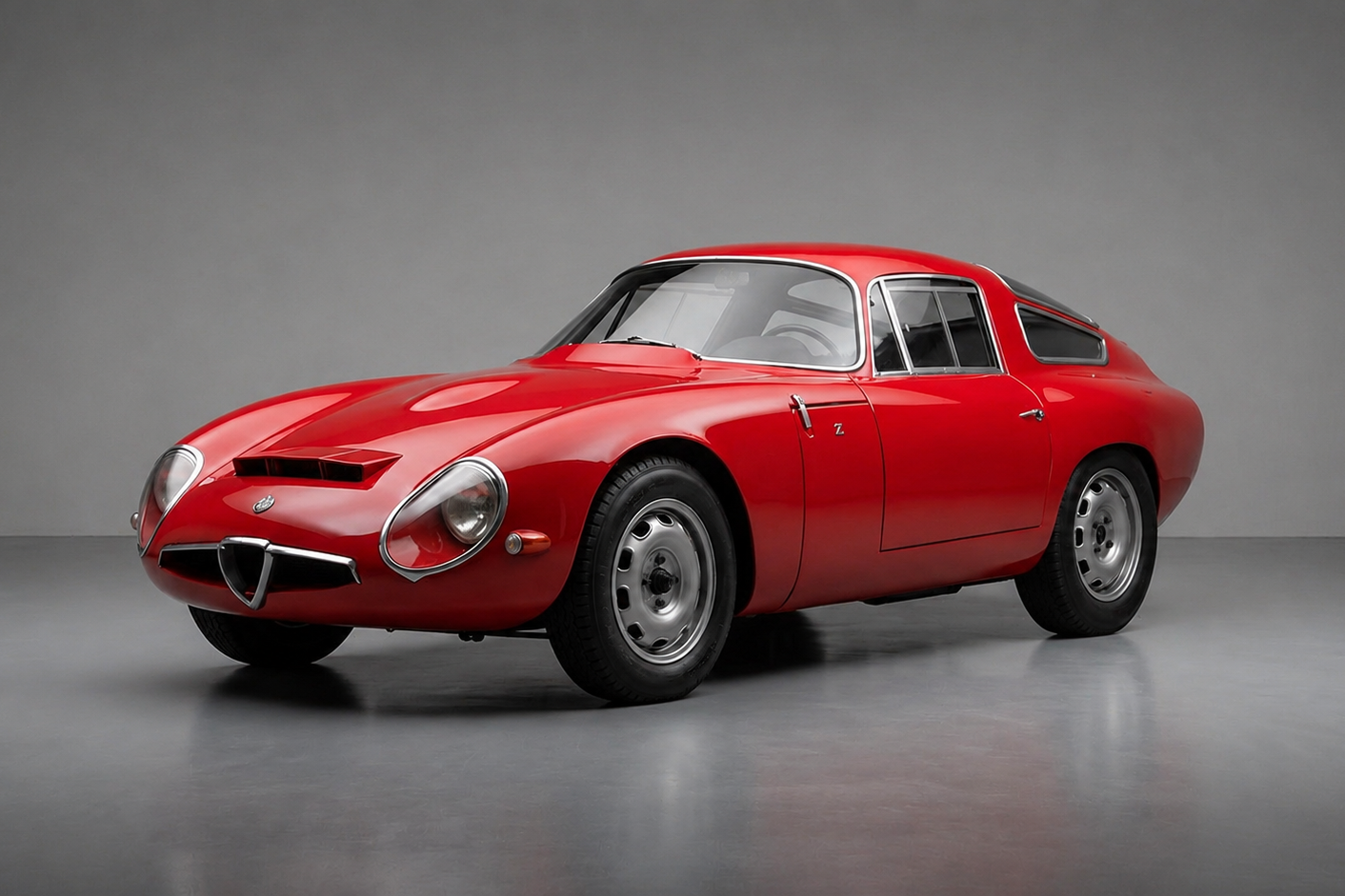 Red Alfa Romeo Giulia TZ1 Zagato coupe in a studio setting, front three-quarter view showing the aluminium body, Kamm tail and Alfa shield grille.