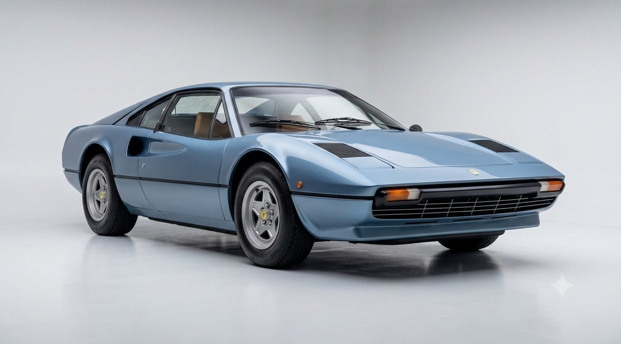 Light-blue early Ferrari 308 GTB coupe in a studio setting, showing the Pininfarina-designed mid-engined V8 bodywork, chrome bumpers, pop-up headlamps, five-spoke alloy wheels and tan interior.