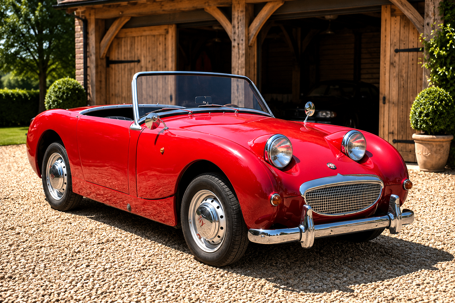 Red Austin-Healey Sprite Mk I 'Frogeye' parked on a gravel driveway in front of an oak-framed open garage, hood down, front three-quarter view showing the domed headlamps, small chrome grille and steel disc wheels with topiary and boxed hedging alongside.