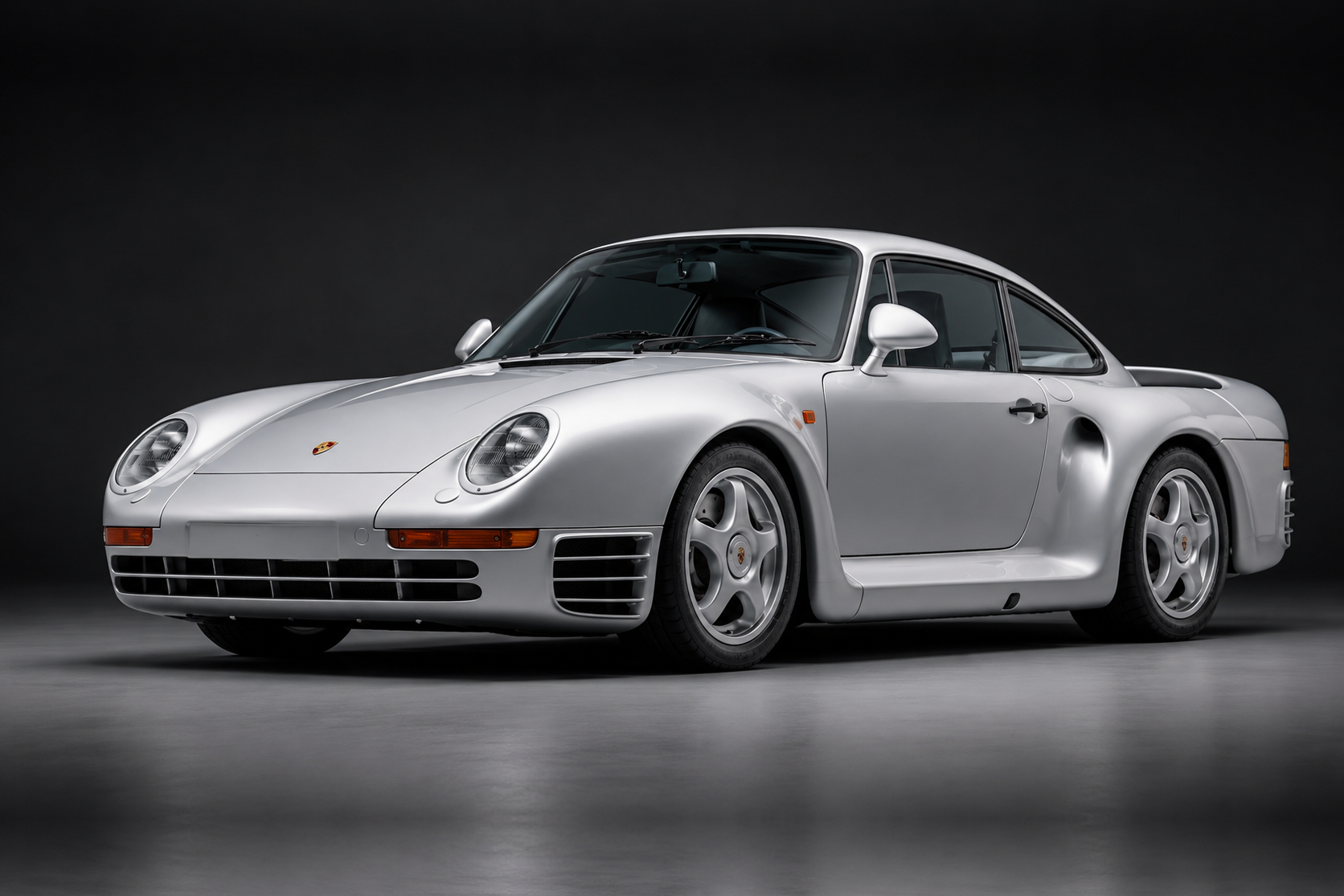 Silver Porsche 959 coupe in a dark studio setting, front three-quarter view showing the flush headlights, low front bumper with integrated fog lights and vents, smooth aerodynamic body, side intake ducts and five-spoke magnesium alloy wheels.