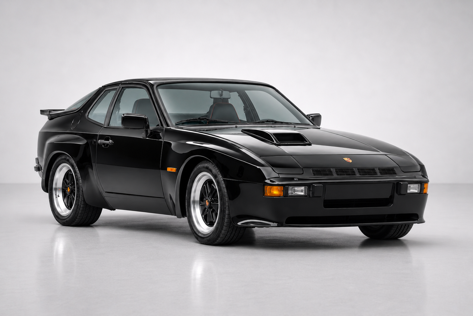 Black Porsche 924 Carrera GT in a studio setting, front three-quarter view showing the pop-up headlights, deep front bumper with air intakes, bonnet air scoop, flared wheel arches, black telephone-dial alloy wheels and rear ducktail spoiler.