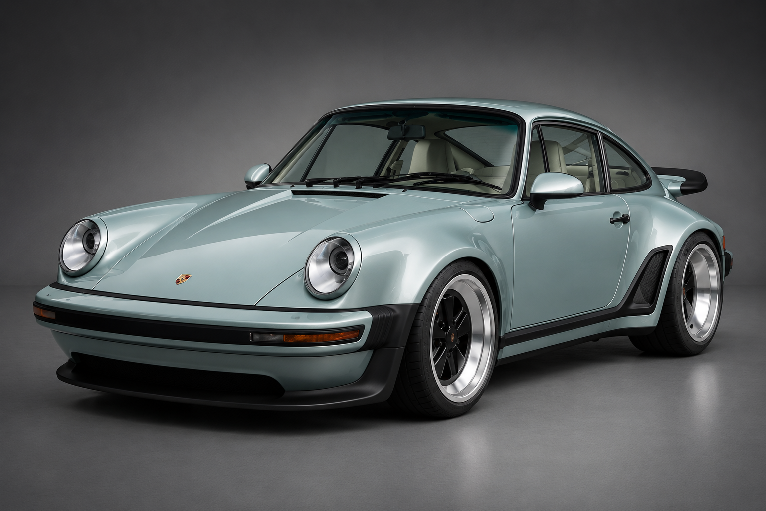 Pale seafoam-green Singer Turbo Study in a grey studio setting, front three-quarter view showing the round headlights, 930 Turbo-inspired wide arches and polished five-spoke Fuchs-style alloy wheels.