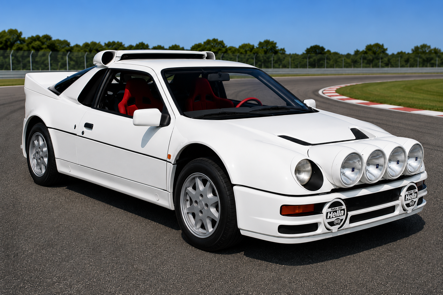 White Ford RS200 Group B homologation coupe on a racetrack, showing the distinctive quad Hella driving lights, Tolman badges, roof-mounted air scoop, red bucket seats and mid-engined four-wheel-drive bodywork.