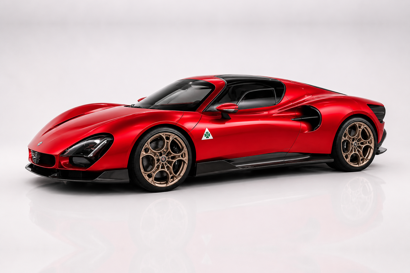 Deep-red 2023 Alfa Romeo 33 Stradale in a studio setting, front three-quarter view showing the modern reinterpretation of Scaglione's 1967 silhouette — quad LED headlamps, deep carbon-fibre front splitter and side sills, butterfly doors and bronze multi-spoke wheels over carbon-ceramic brakes; the MC20-derived carbon-tub homage assembled at Carrozzeria Touring Superleggera.