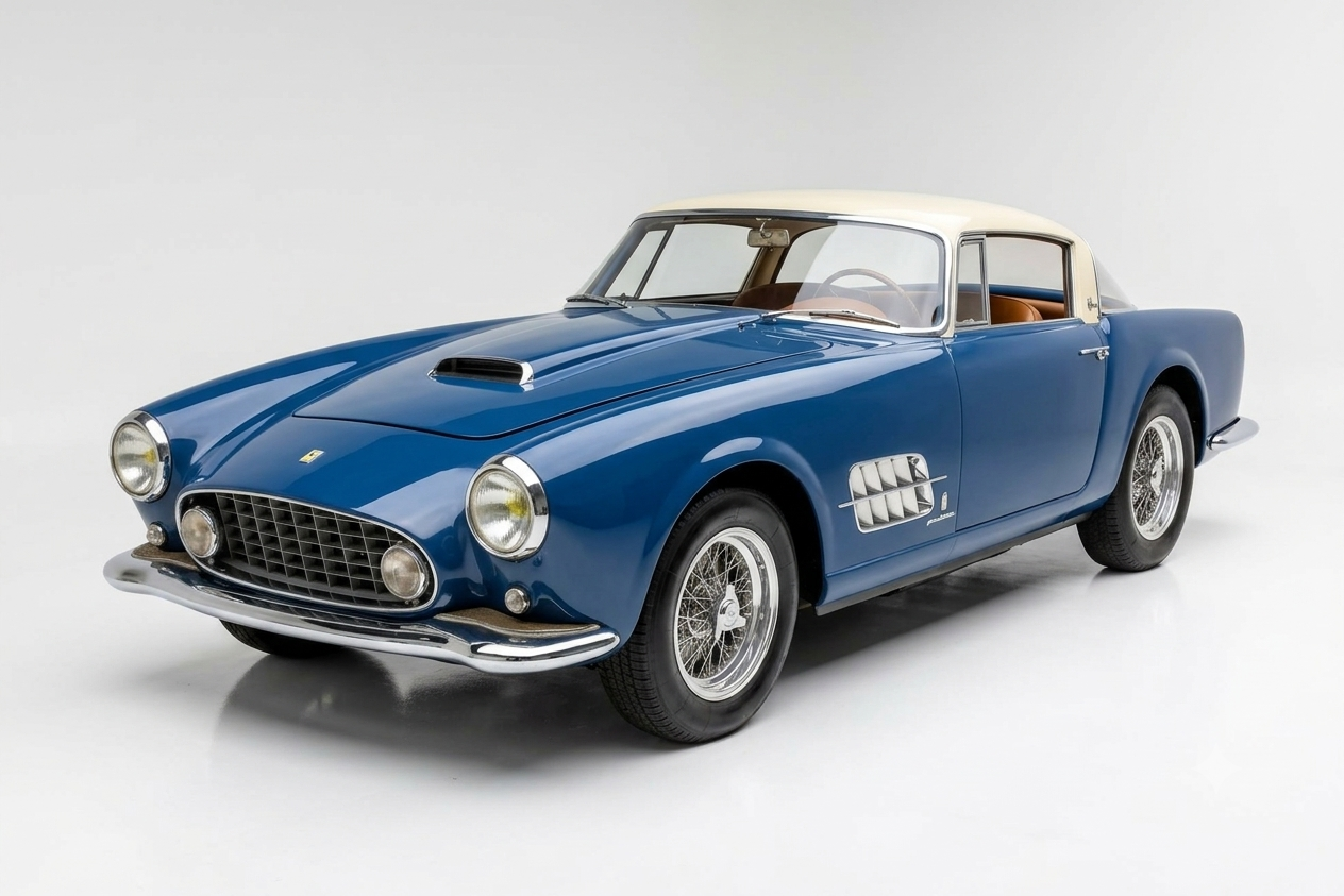 Blue Ferrari 410 Superamerica coupé with a cream roof photographed in a studio, front three-quarter view showing the wide oval grille, bonnet scoop, faired-in headlamps, side vent with Pinin Farina badge and centre-lock wire wheels with chrome spinners.