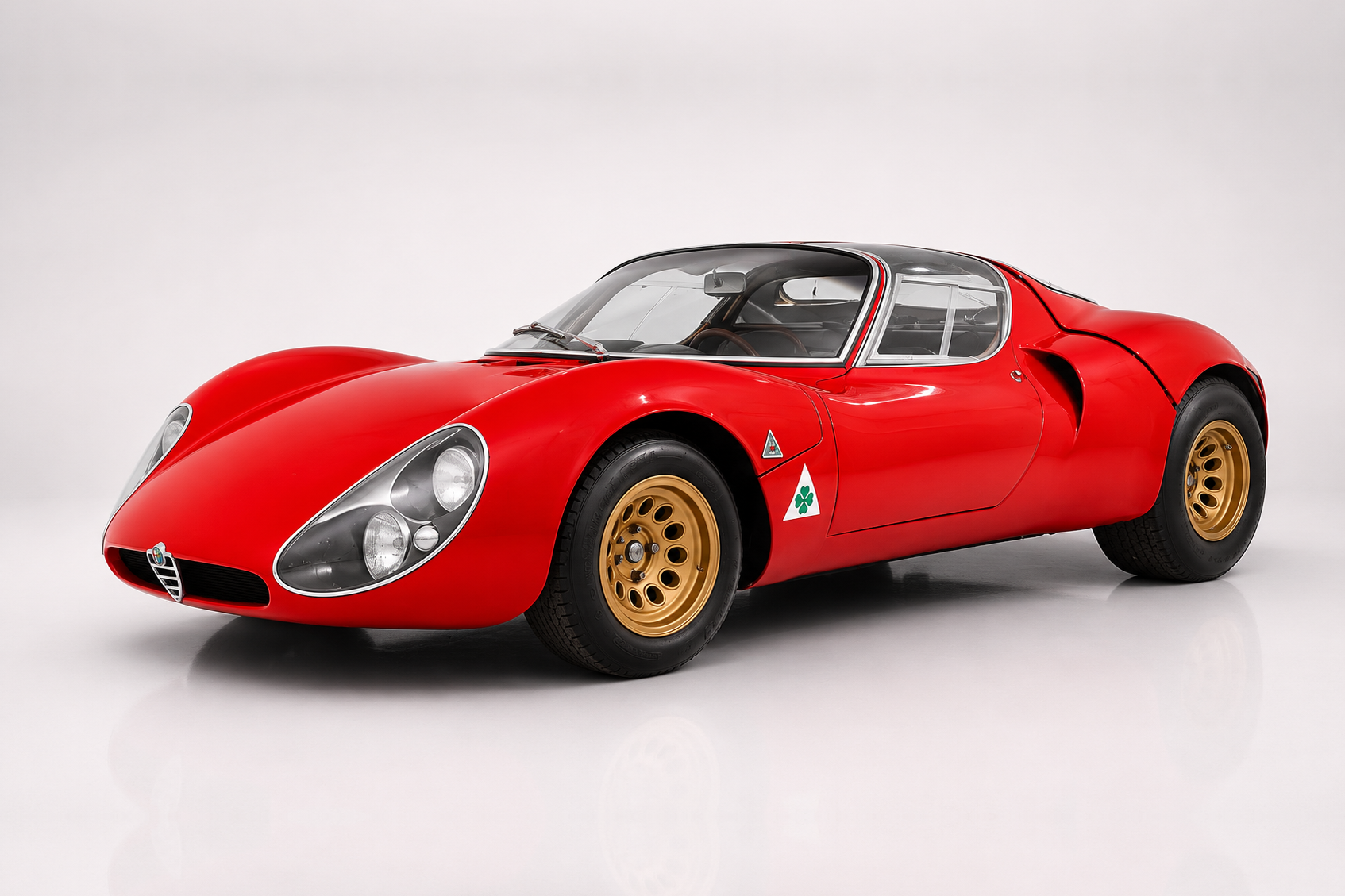 Red 1967 Alfa Romeo 33 Stradale in a studio setting, front three-quarter view showing the low, curvaceous Franco Scaglione-designed aluminium body, single production headlights, delicate rear-quarter intake and gold Campagnolo magnesium wheels — the mid-engine road version of the Tipo 33 racing prototype.