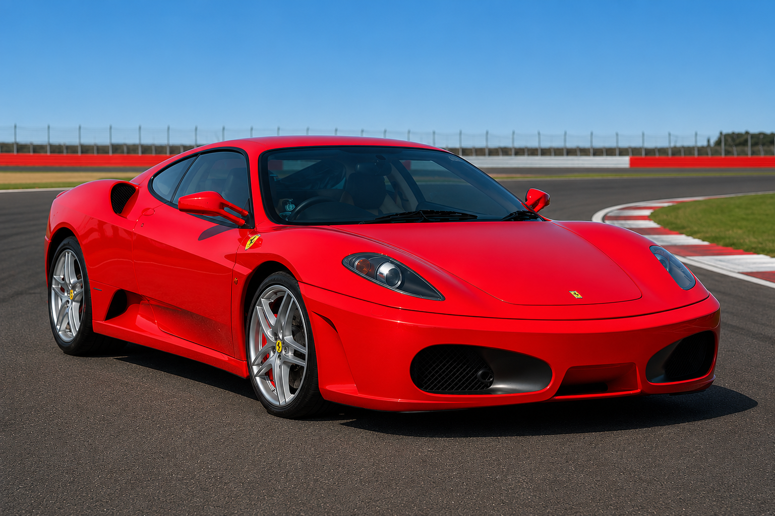 Red Ferrari F430 coupe on a racetrack, showing the Pininfarina-designed mid-engined V8 bodywork, silver five-spoke wheels and side air intakes.