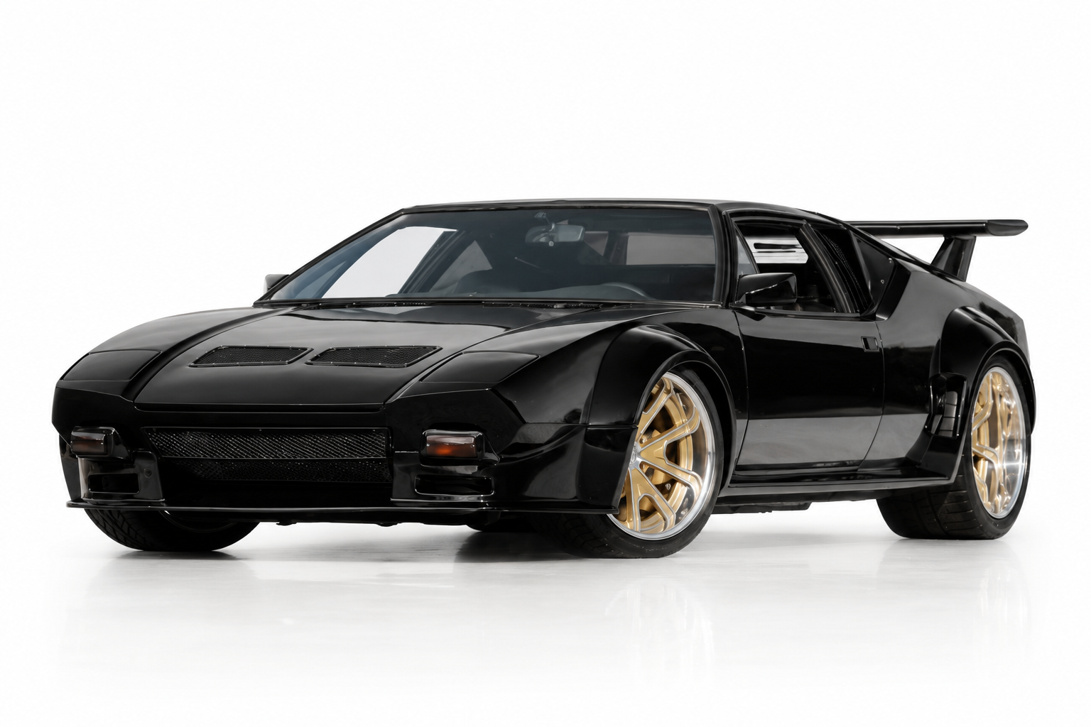 Black De Tomaso Pantera GT5-S widebody, front three-quarter view