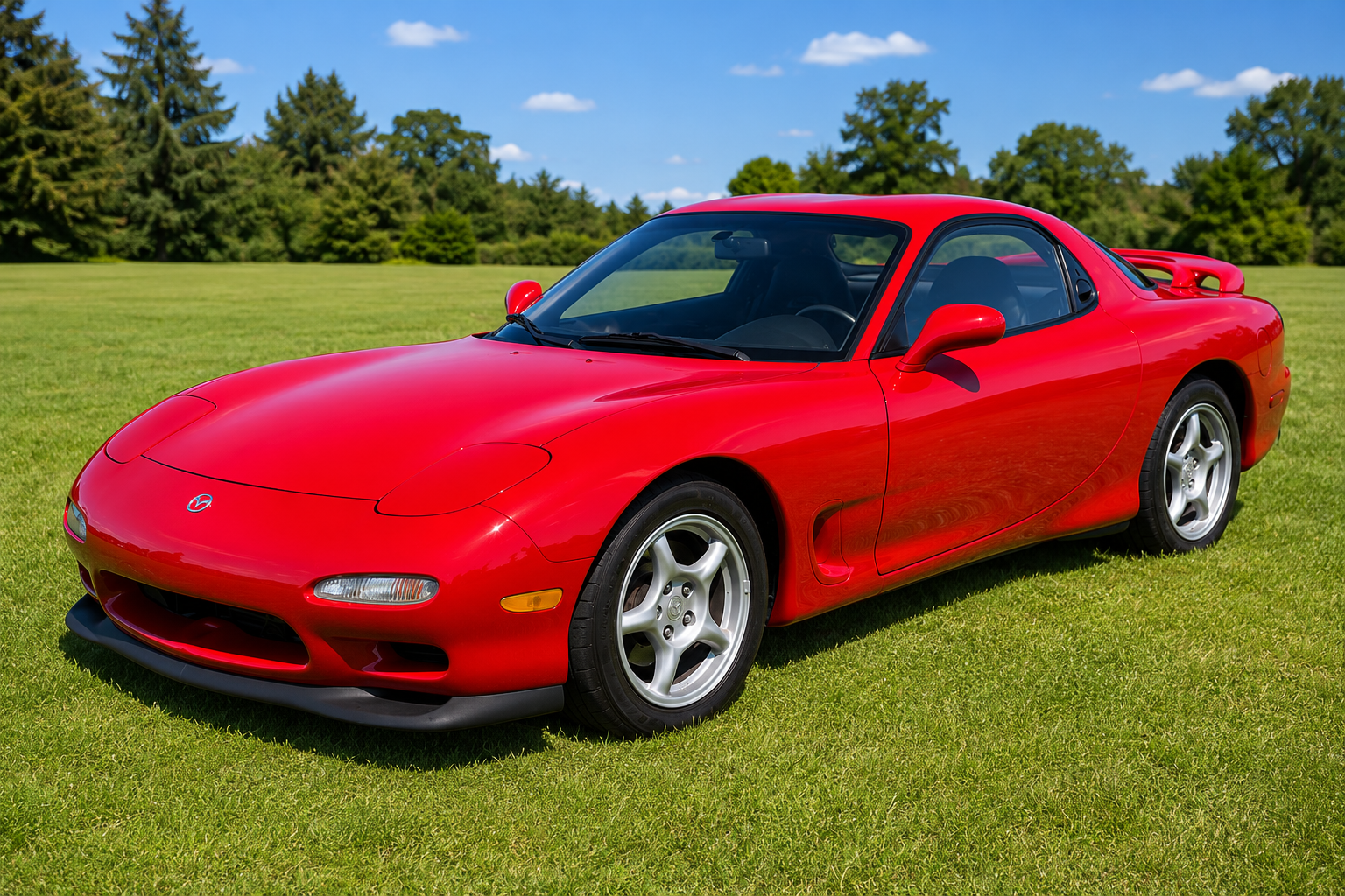 Red Mazda RX-7 FD coupe on a manicured lawn with trees and blue sky, front three-quarter view