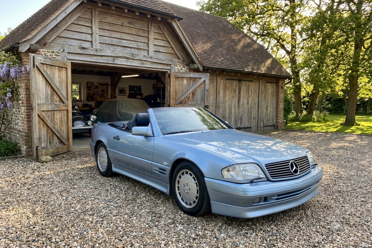 Mercedes-Benz SL (R129) in Silver-Blue metallic on a gravel drive in front of an oak barn, roof down, showing the flat clamshell bonnet, upright chrome grille with three-pointed star, side vent detail on the front wing and the fifteen-hole factory alloy wheels — the fourth-generation SL in canonical late-1990s specification.