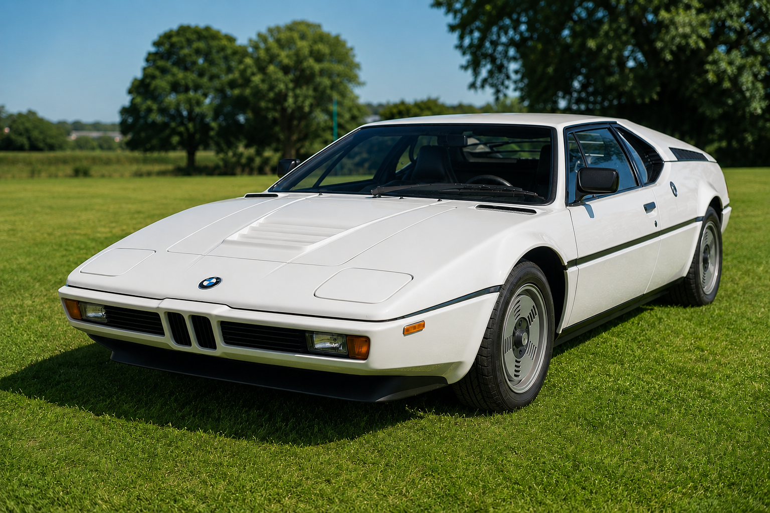 White BMW M1 parked on grass, front three-quarter view showing the Giugiaro-designed wedge shape, black kidney grille, pop-up headlamps, BMW roundels on the hubcaps and the low-slung 1980s supercar proportions.