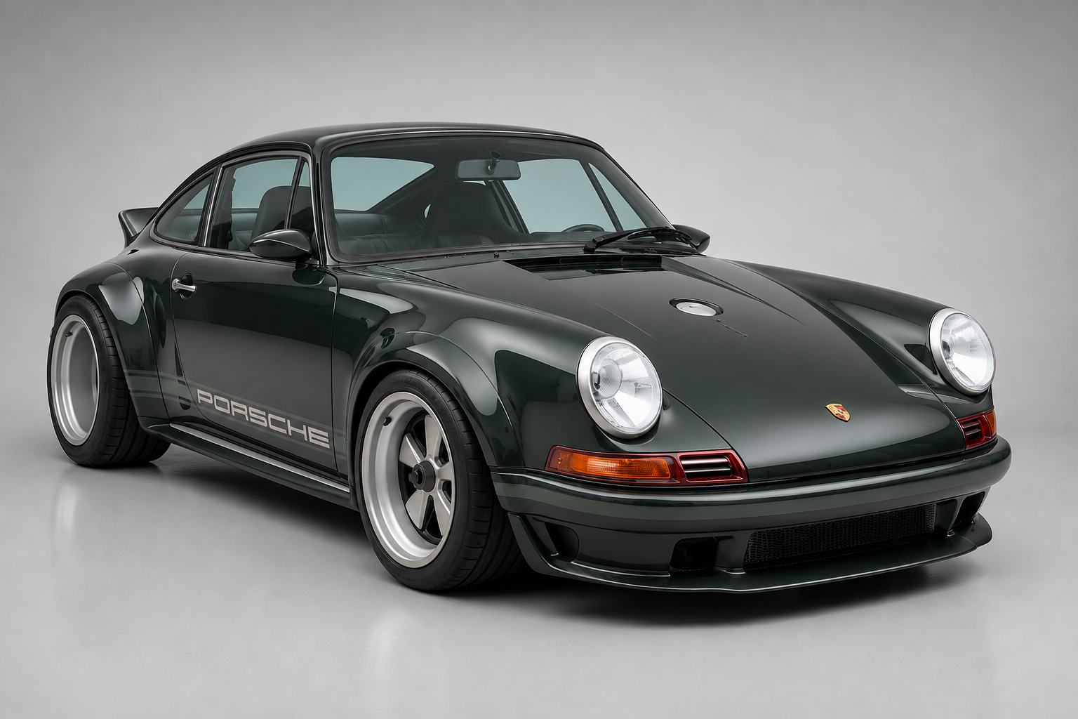 Dark green Singer DLS reimagined Porsche 911 in a studio setting, front three-quarter view showing the round projector headlights, bonnet-centred external fuel filler, flared arches, front splitter, silver PORSCHE side script and Fuchs-style centre-lock wheels.