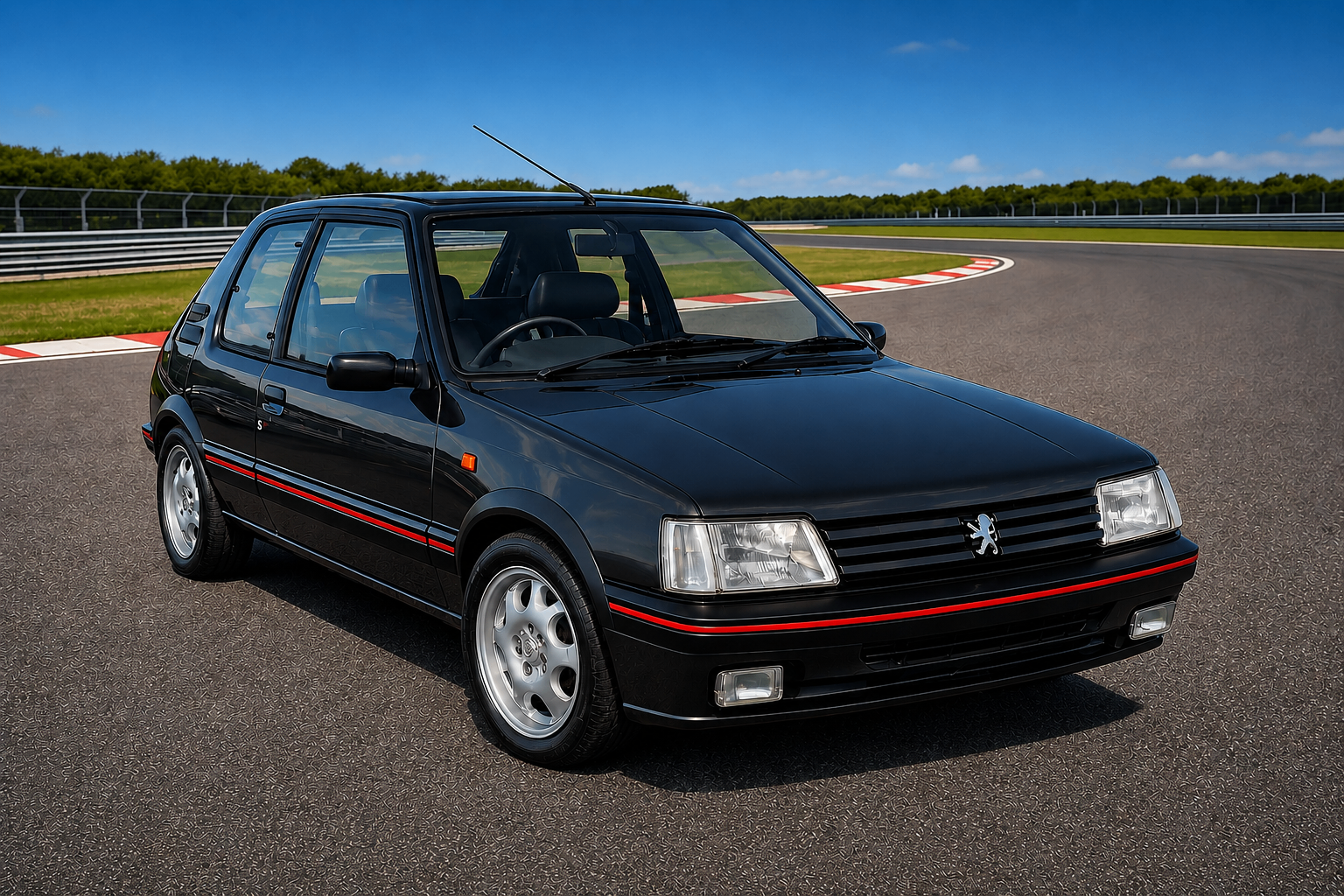 Black Peugeot 205 GTi on a racetrack, front three-quarter view showing the red pinstripe detailing, silver alloy wheels, rectangular headlamps and the Peugeot lion badge on the grille.