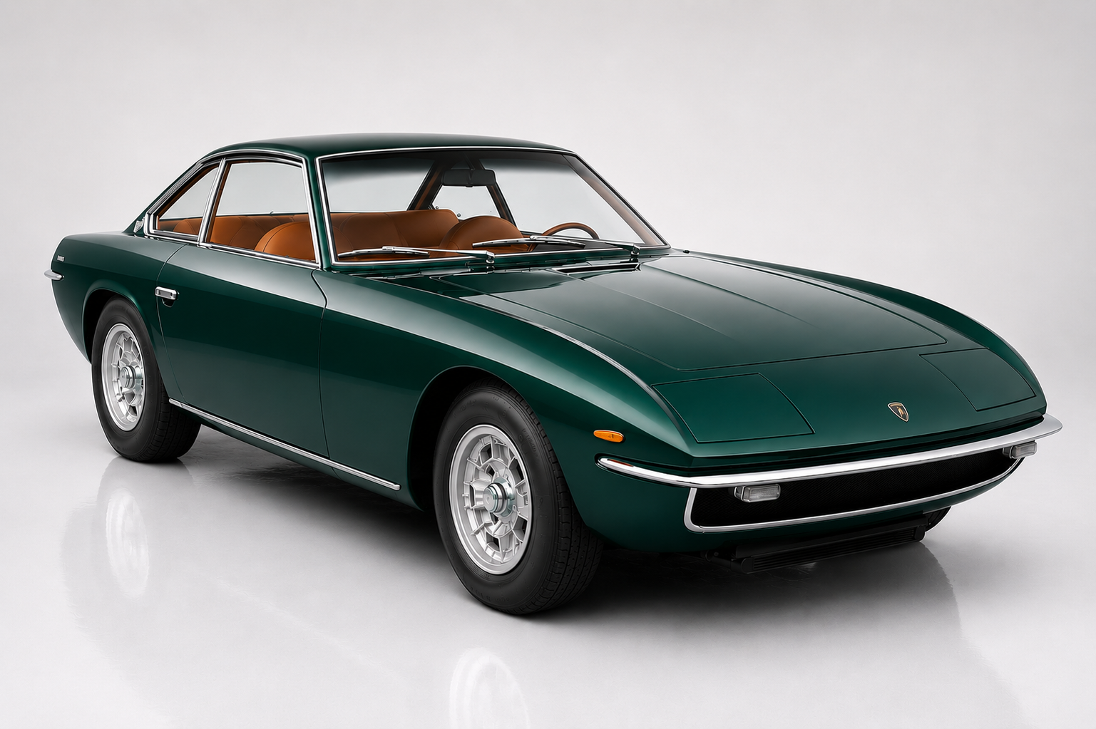 Dark green Lamborghini Islero in a bright studio, front three-quarter view showing the flat bonnet with pop-up headlights, slim chrome bumper, delicate greenhouse and tan leather interior — Ferruccio Lamborghini's own daily driver.