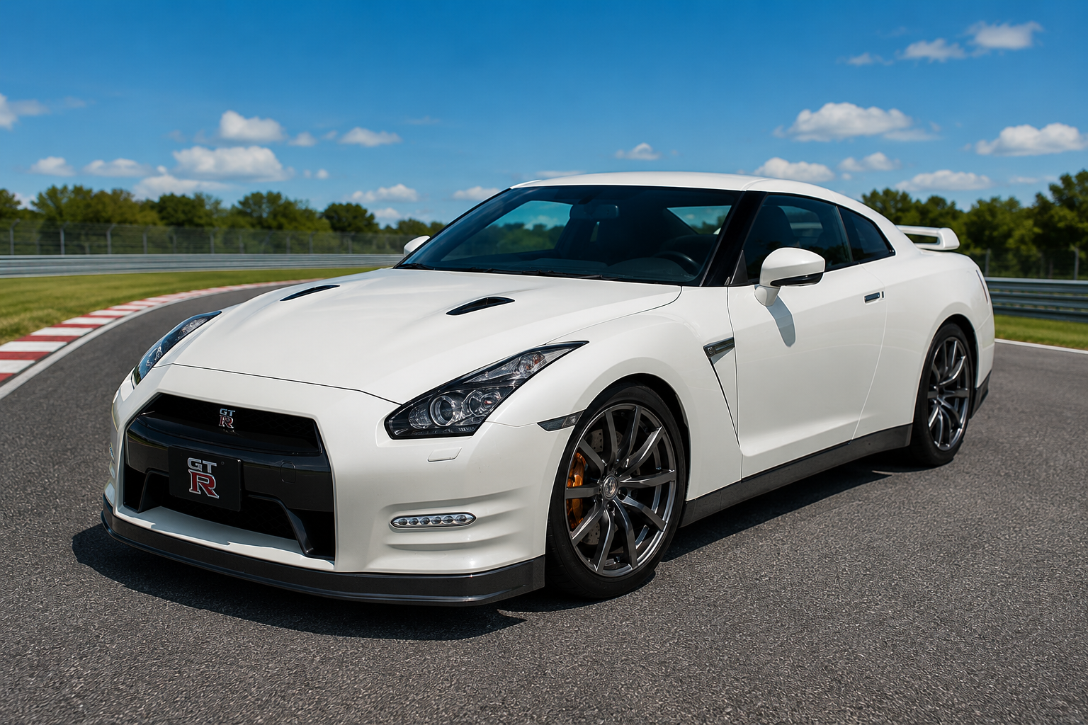 White Nissan GT-R (R35) on a racetrack, front three-quarter view showing the distinctive quad round tail-lamp silhouette, sculpted bonnet with cooling vents, large multi-spoke alloy wheels with orange brake calipers, and the GT-R badge on the black grille, 2007–2024.