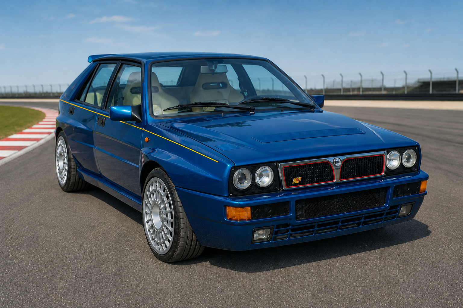 Blue Lancia Delta HF Integrale Evoluzione hot hatch on a racetrack, showing the flared arches, bonnet vents and multi-spoke alloy wheels.