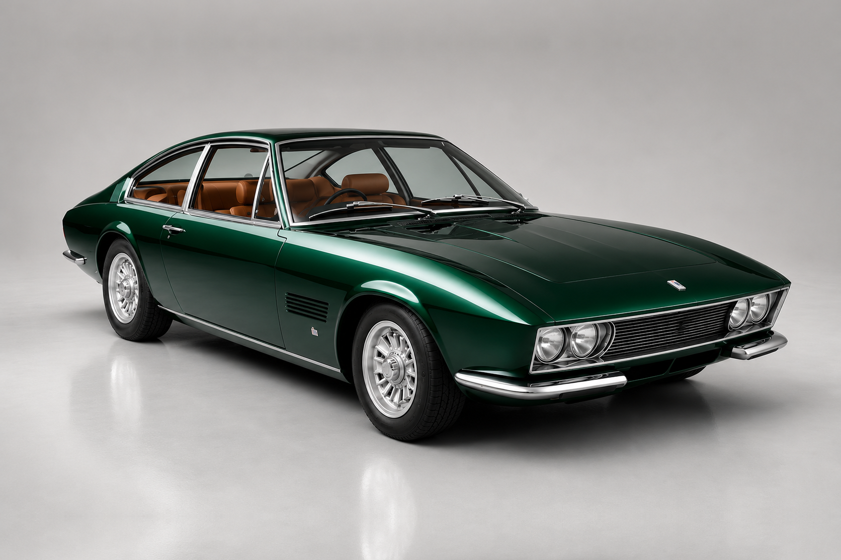 British racing green Monteverdi High Speed 375 coupé photographed in a studio, front three-quarter view showing the Frua-designed fastback body, twin round headlamp pods flanking a horizontal chrome grille, thin chrome bumpers, side vent and multi-spoke alloy wheels.