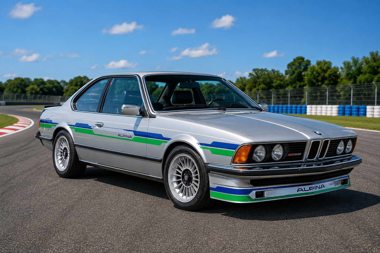 Silver Alpina B7 Turbo Coupé (E24) in period Alpina blue/green livery — front three-quarter view on a circuit setting; user-supplied image. Flagged for editorial review: the brief specified concours/estate/showroom rather than a track backdrop.