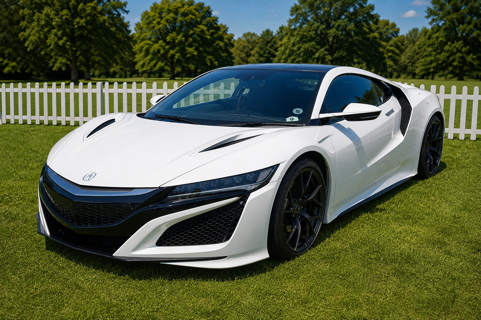 White second-generation Honda NSX (NC1) coupe parked on grass at a classic car show, showing the angular front splitter, black roof and low-slung hybrid supercar proportions.