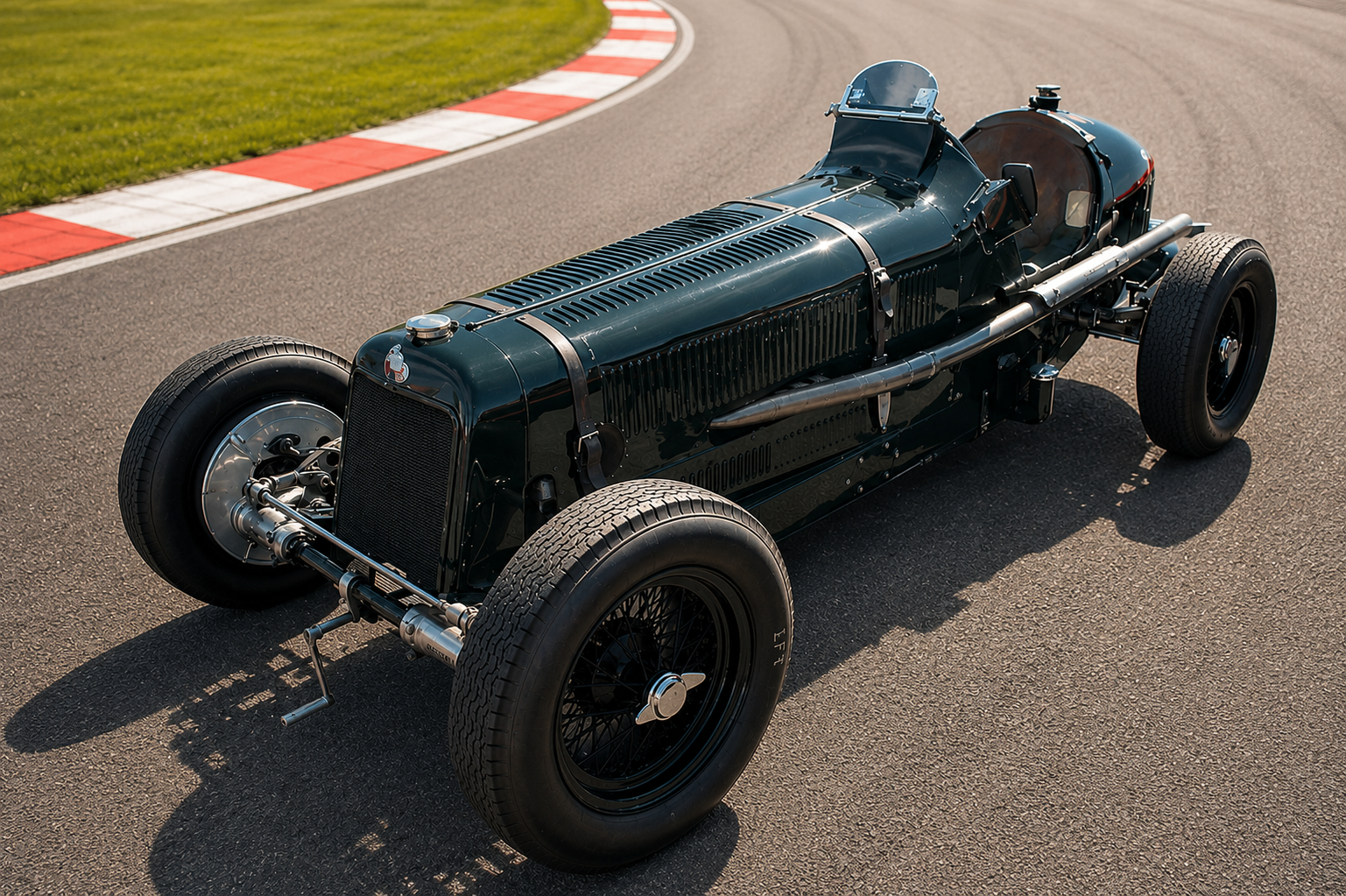 Dark green pre-war ERA single-seater Grand Prix Voiturette on a race circuit at the edge of the kerb, high front three-quarter view showing the louvred bonnet, exposed side exhaust, wire wheels and cockpit windscreen.