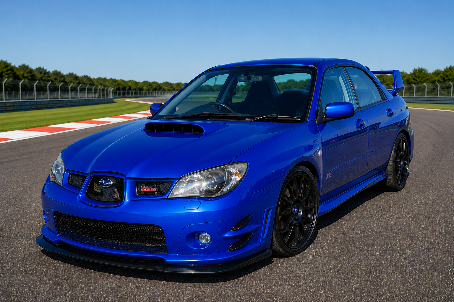 Blue Subaru Impreza WRX STi on a racetrack, front three-quarter view showing the bonnet scoop, STi grille badge, large rear wing and black alloy wheels.