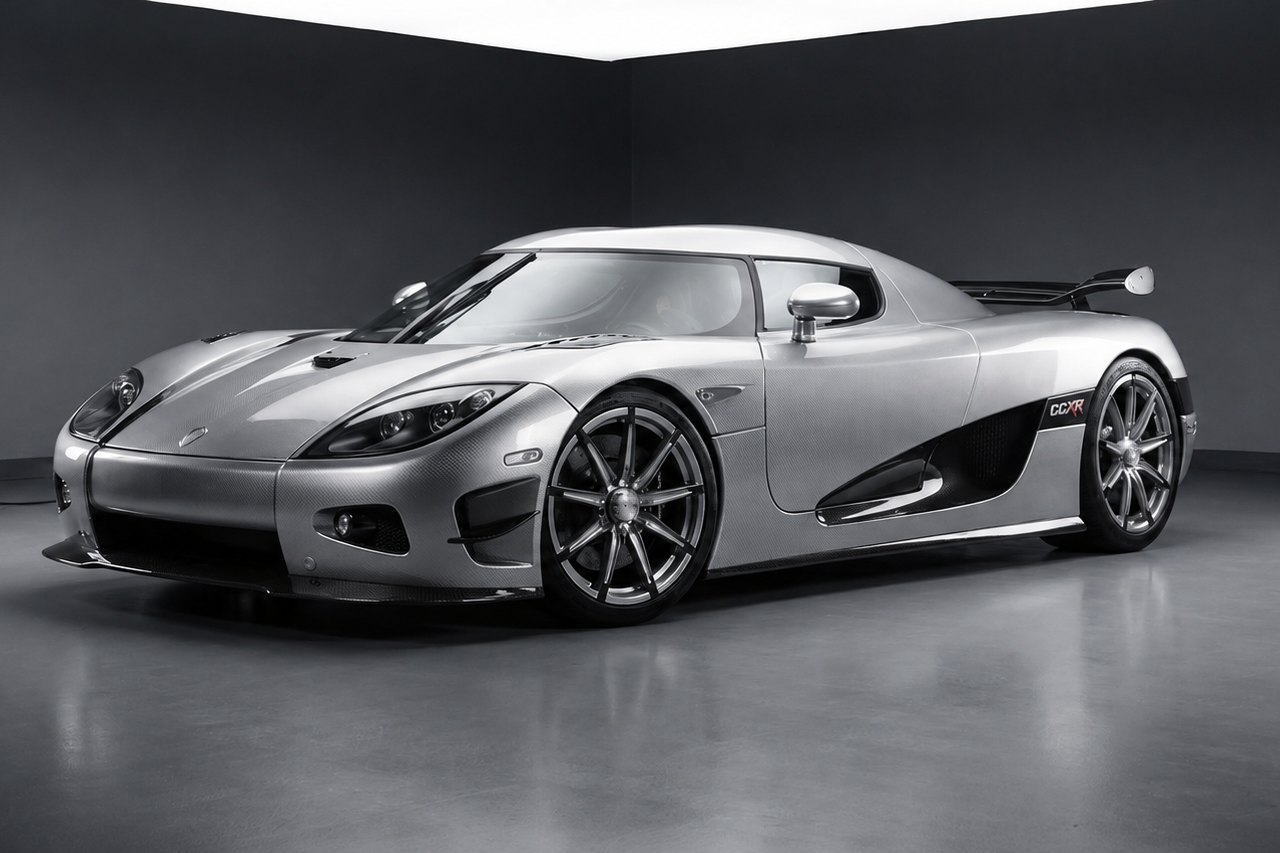Silver Koenigsegg CCXR with exposed carbon-fibre bodywork accents in a dark studio setting, front three-quarter view showing the low mid-engined silhouette, prominent side intake, 'CCXR' badging on the door, dark multi-spoke wheels, raised rear wing and soft-box lighting.