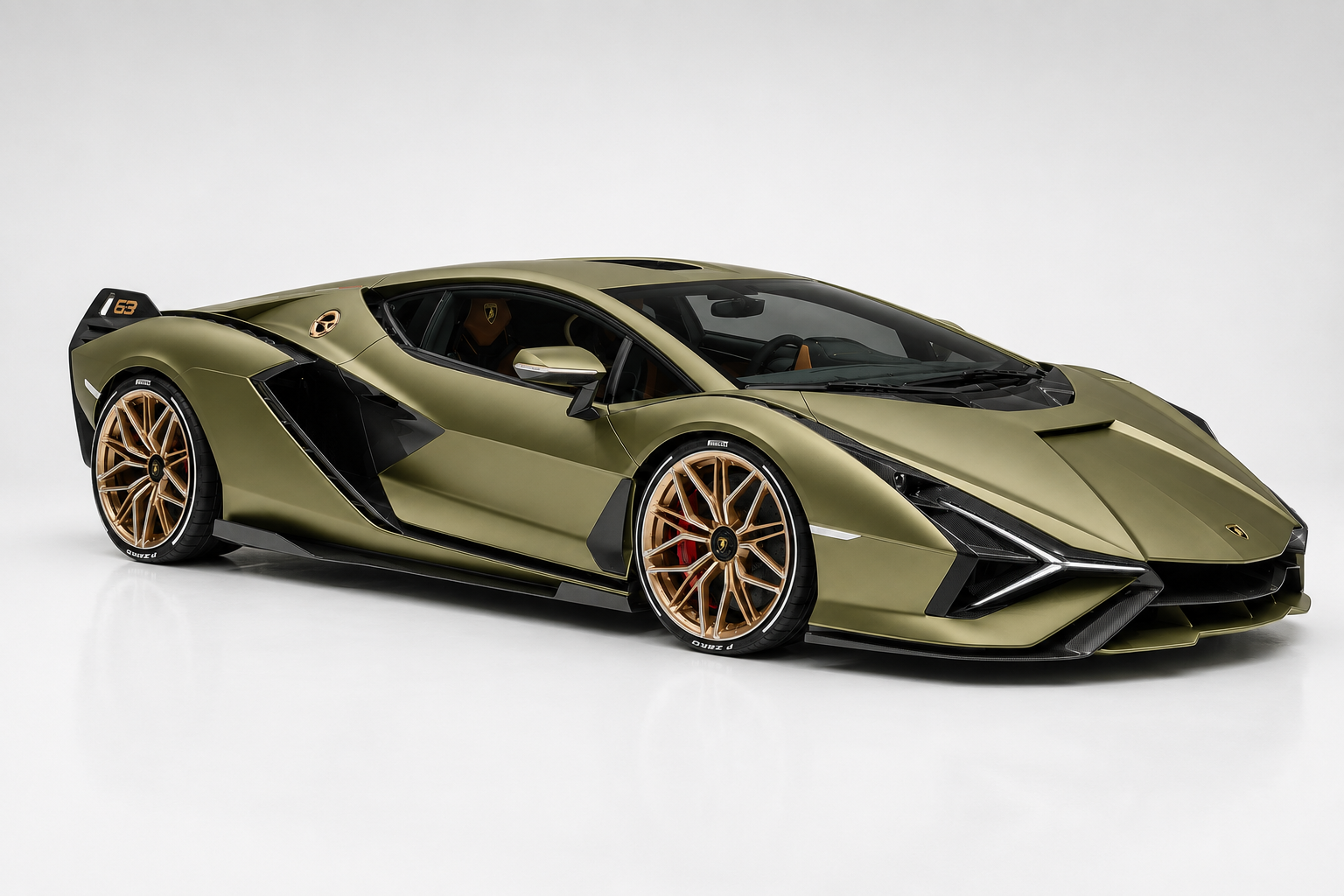 Matte olive-green Lamborghini Sián FKP 37 coupe in a studio setting, front three-quarter view showing the sharp carbon-fibre bodywork, Y-shaped LED daytime running lights, exposed carbon side skirts and bronze multi-spoke wheels with red brake calipers.
